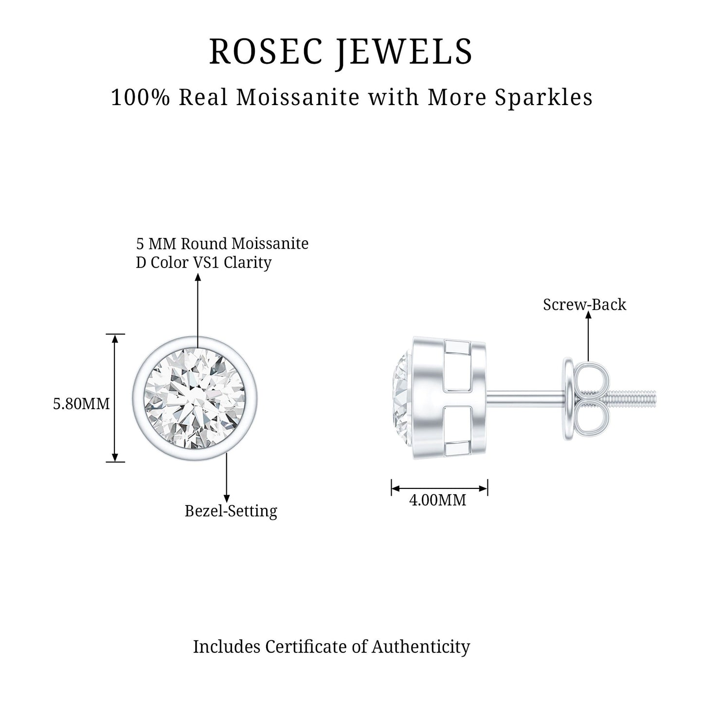 Bezel Set Round Cut Moissanite Stud Earrings