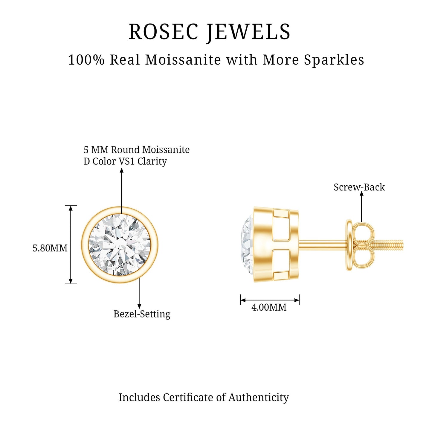 Bezel Set Round Cut Moissanite Stud Earrings