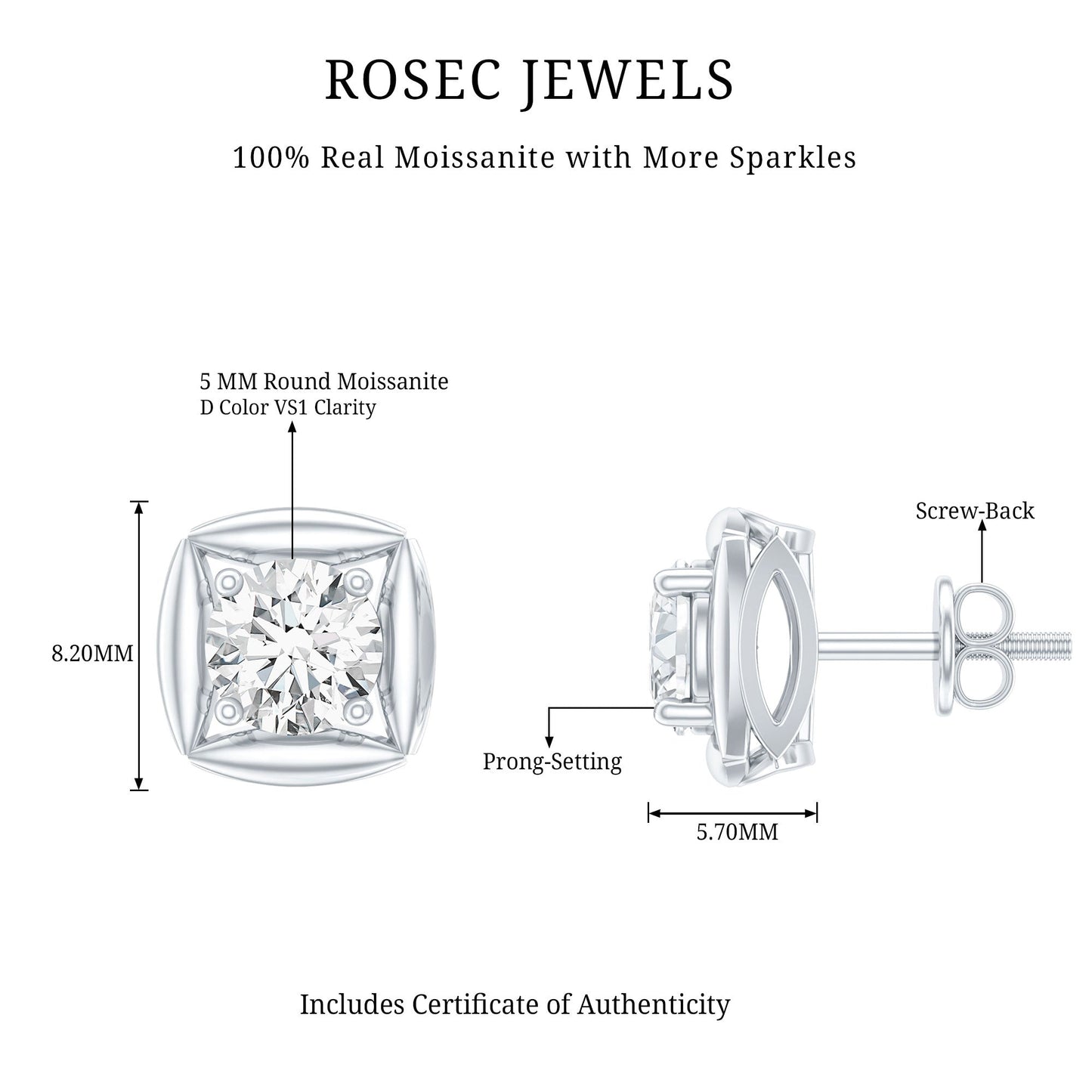 1 CT Solitaire Moissanite Stud Earrings for Women