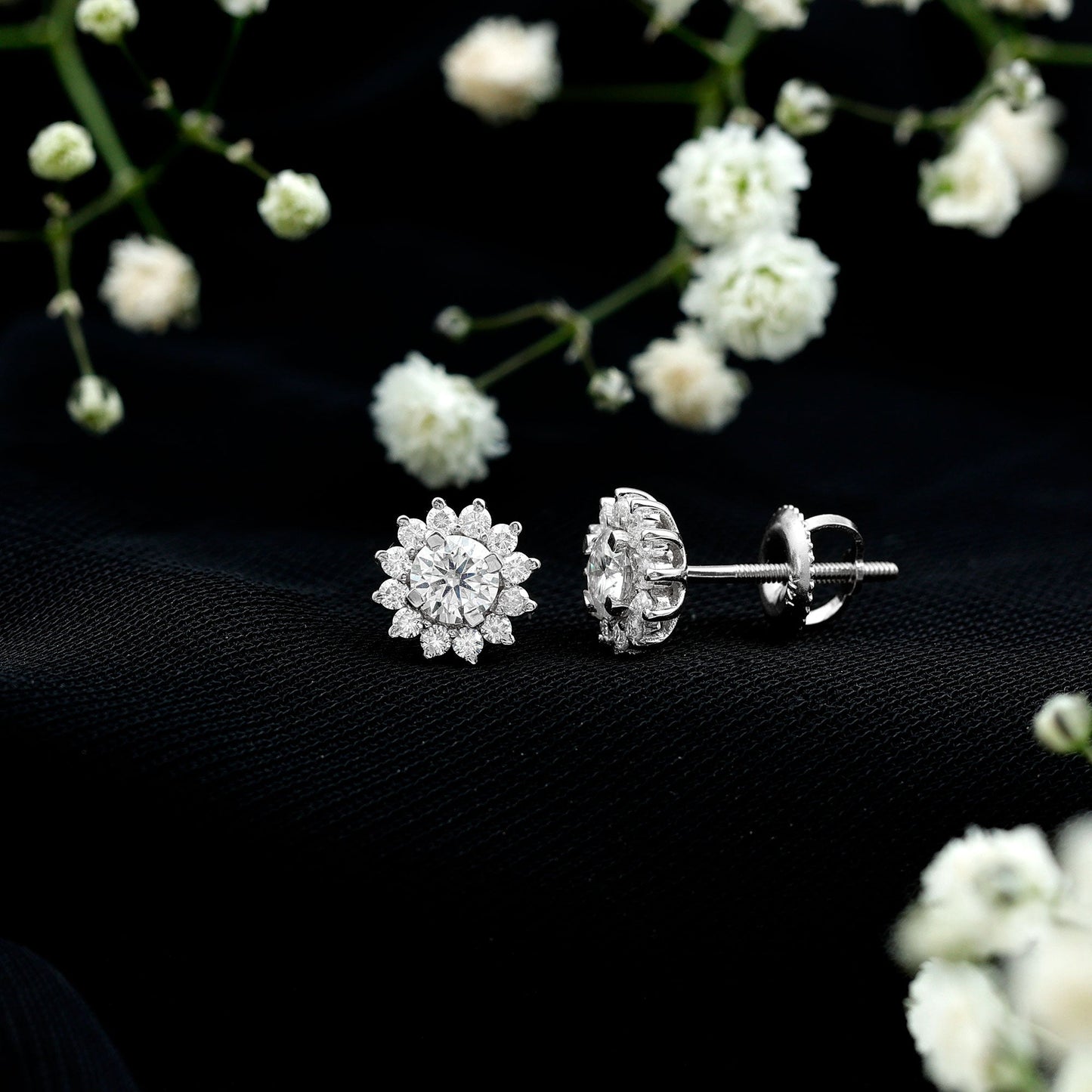 Certified Round Cut Moissanite Halo Stud Earrings for Women