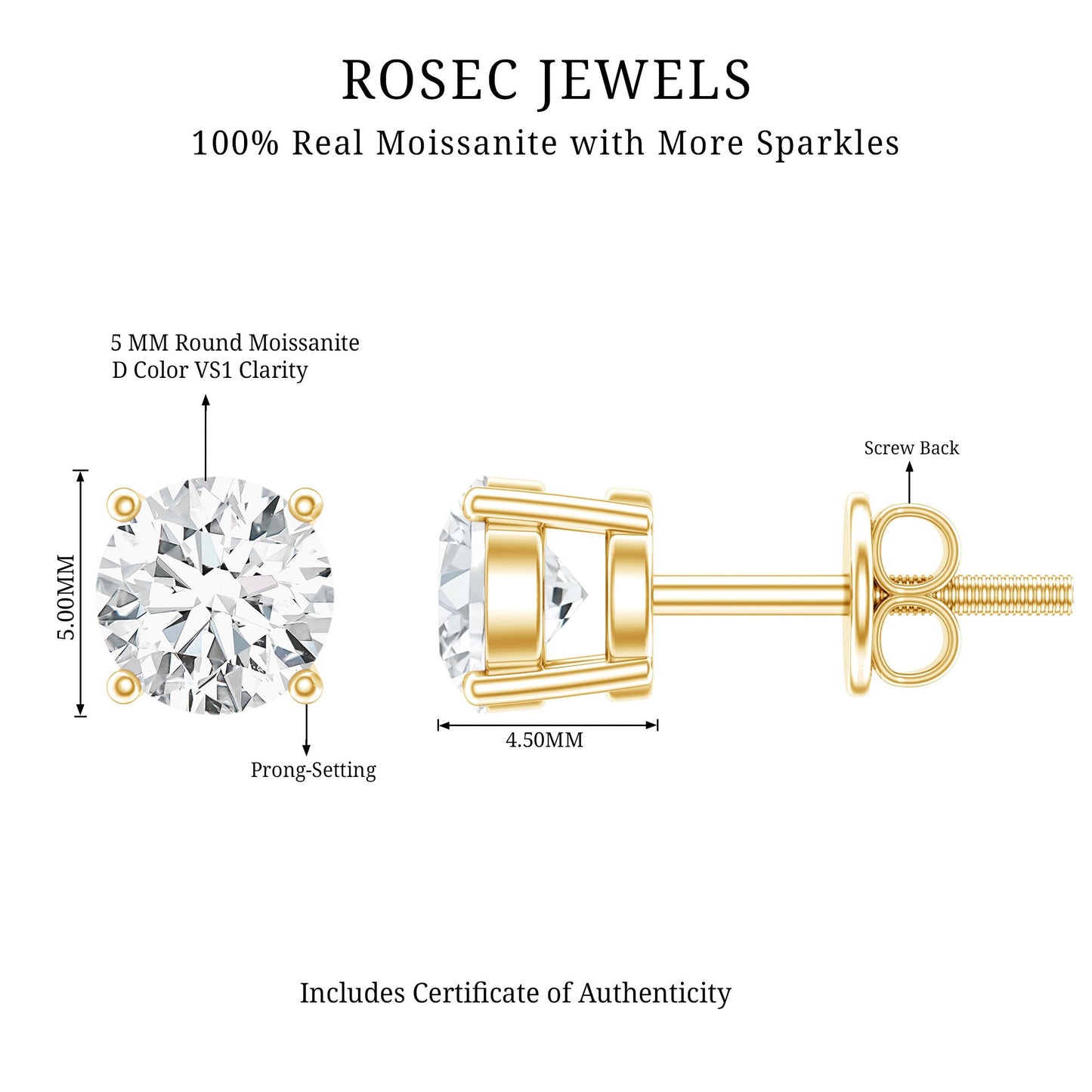 1 Carat Round Moissanite Solitaire Screw Back Stud Earrings