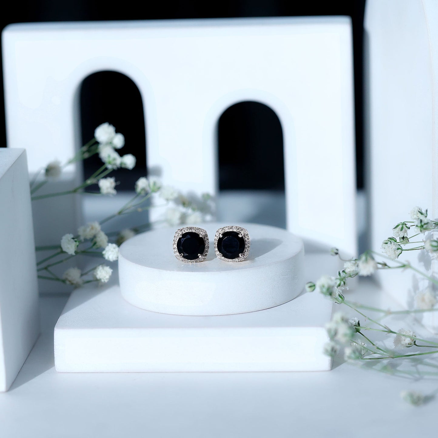 Lab Grown Black and White Diamond Halo Stud Earrings