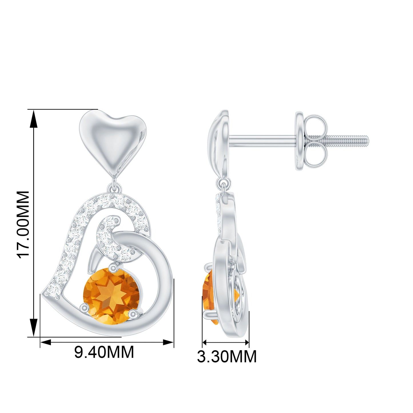 1 Carat Round Citrine and Diamond Heart Drop Earrings
