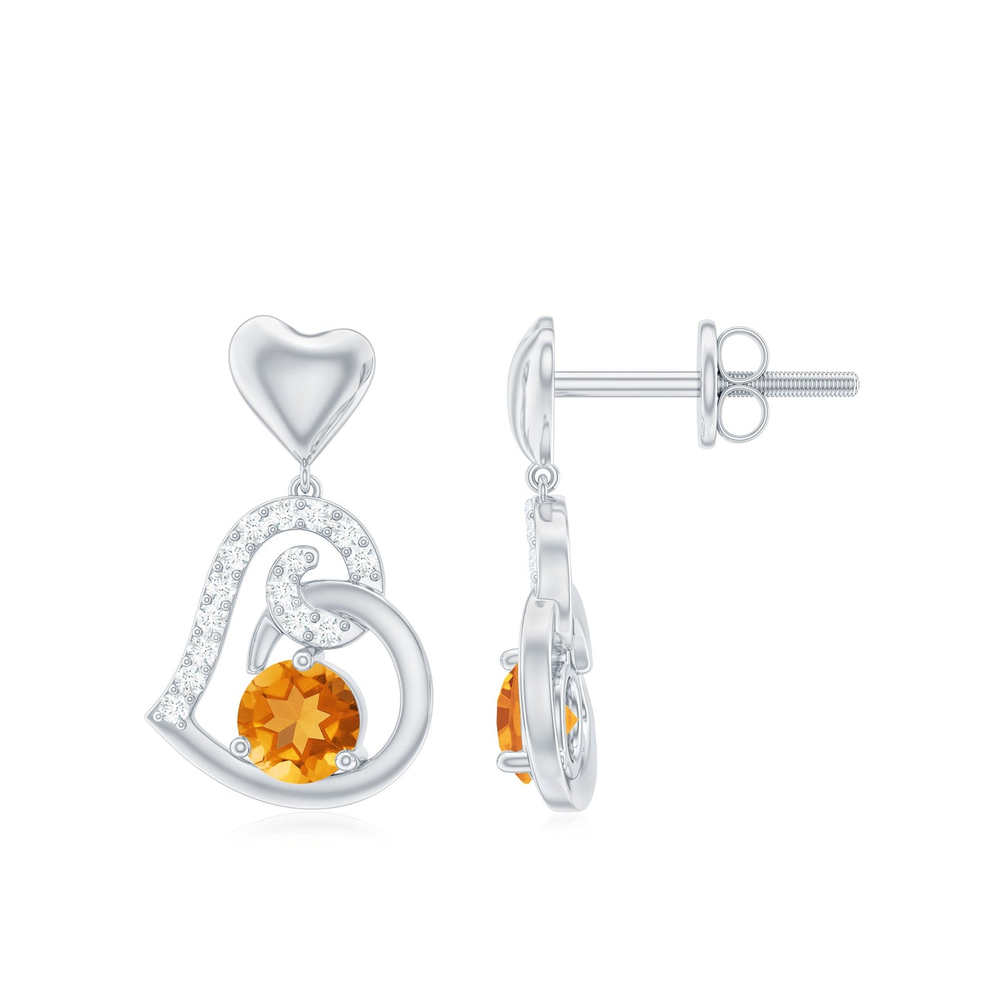 1 Carat Round Citrine and Diamond Heart Drop Earrings