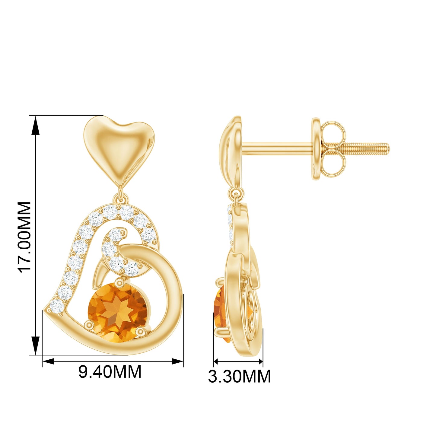 1 Carat Round Citrine and Diamond Heart Drop Earrings