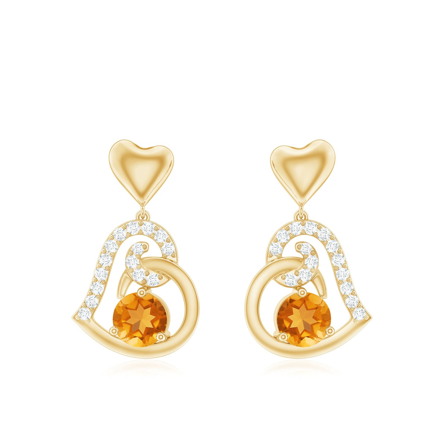 1 Carat Round Citrine and Diamond Heart Drop Earrings