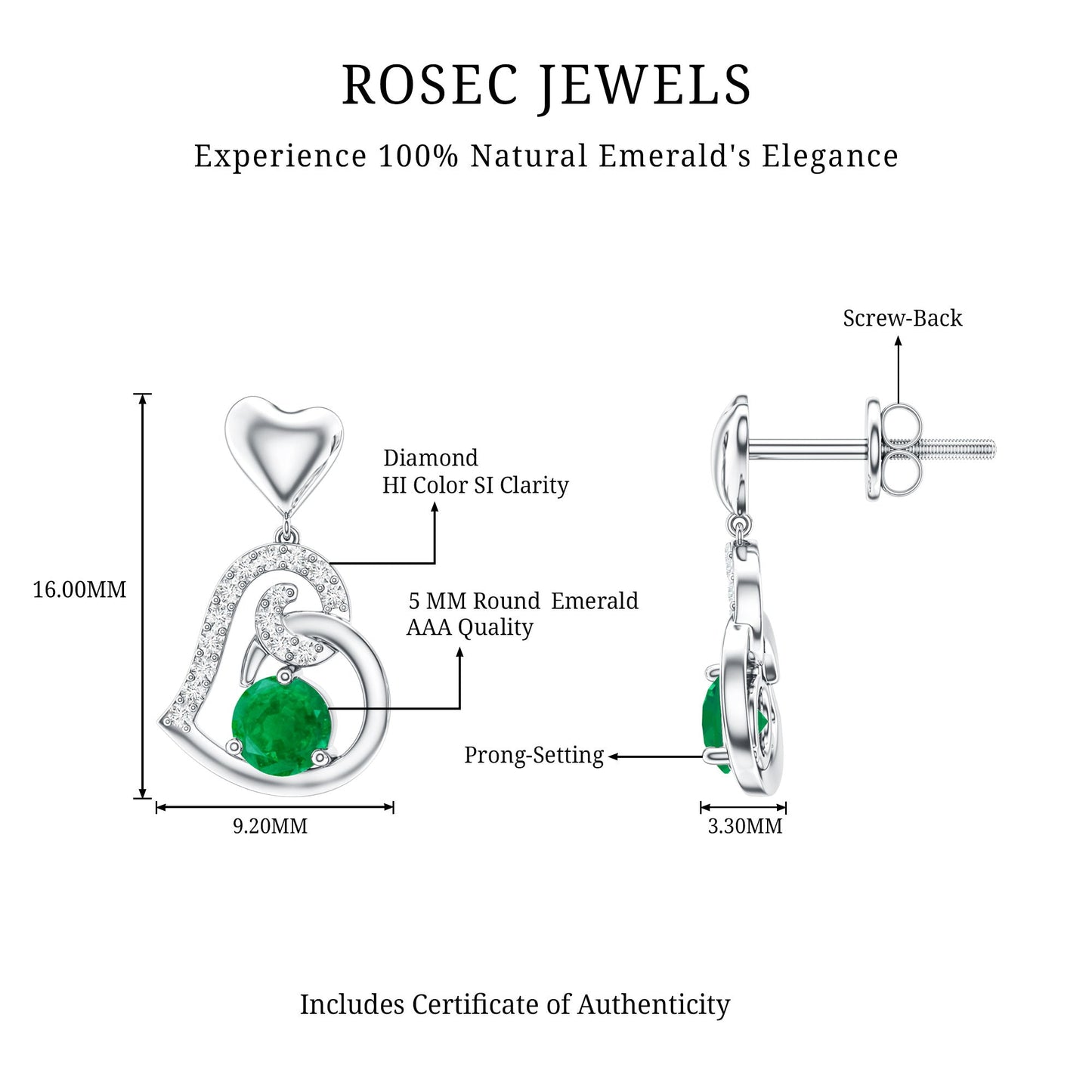 0.9 Carat Round Emerald and Diamond Heart Drop Earrings