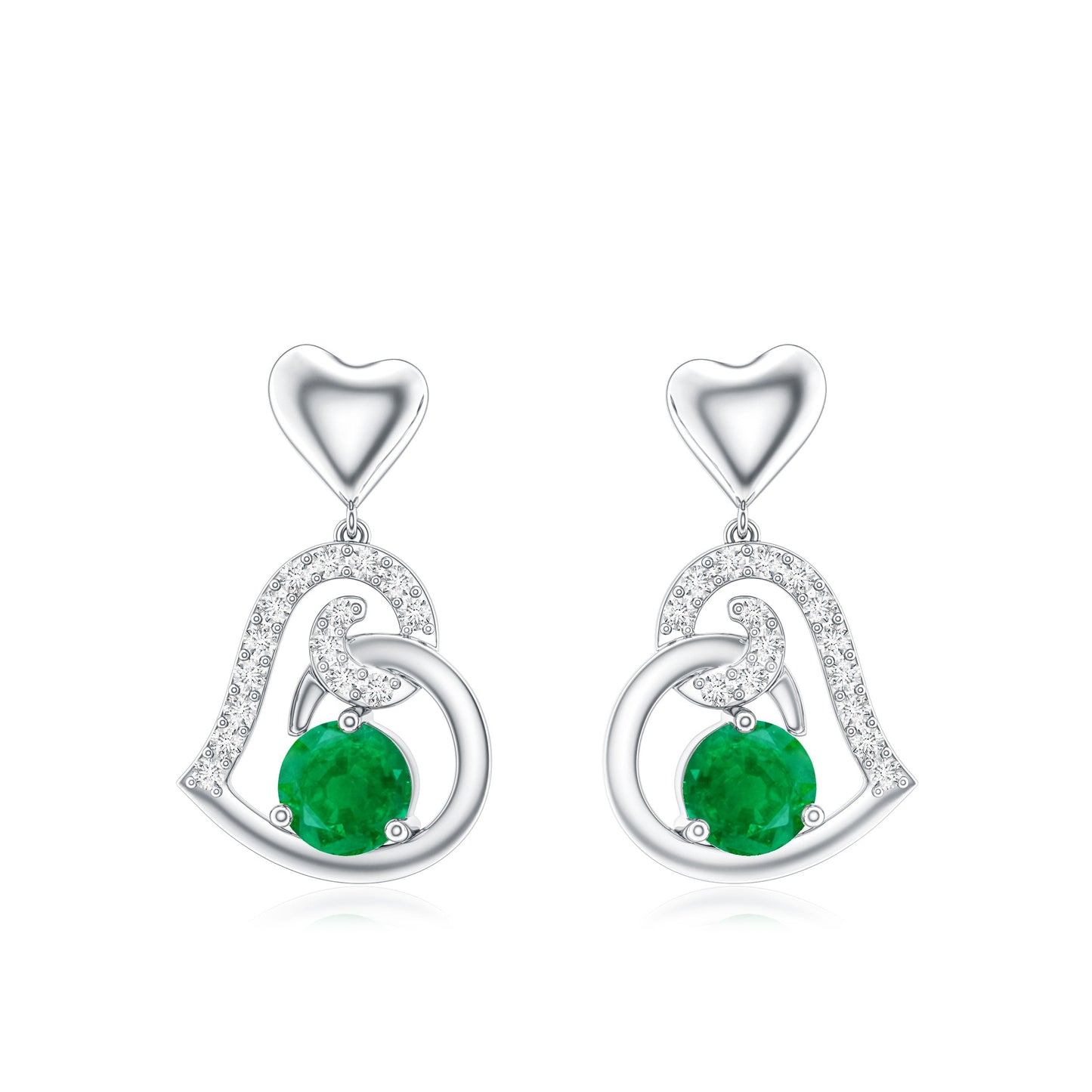 0.9 Carat Round Emerald and Diamond Heart Drop Earrings