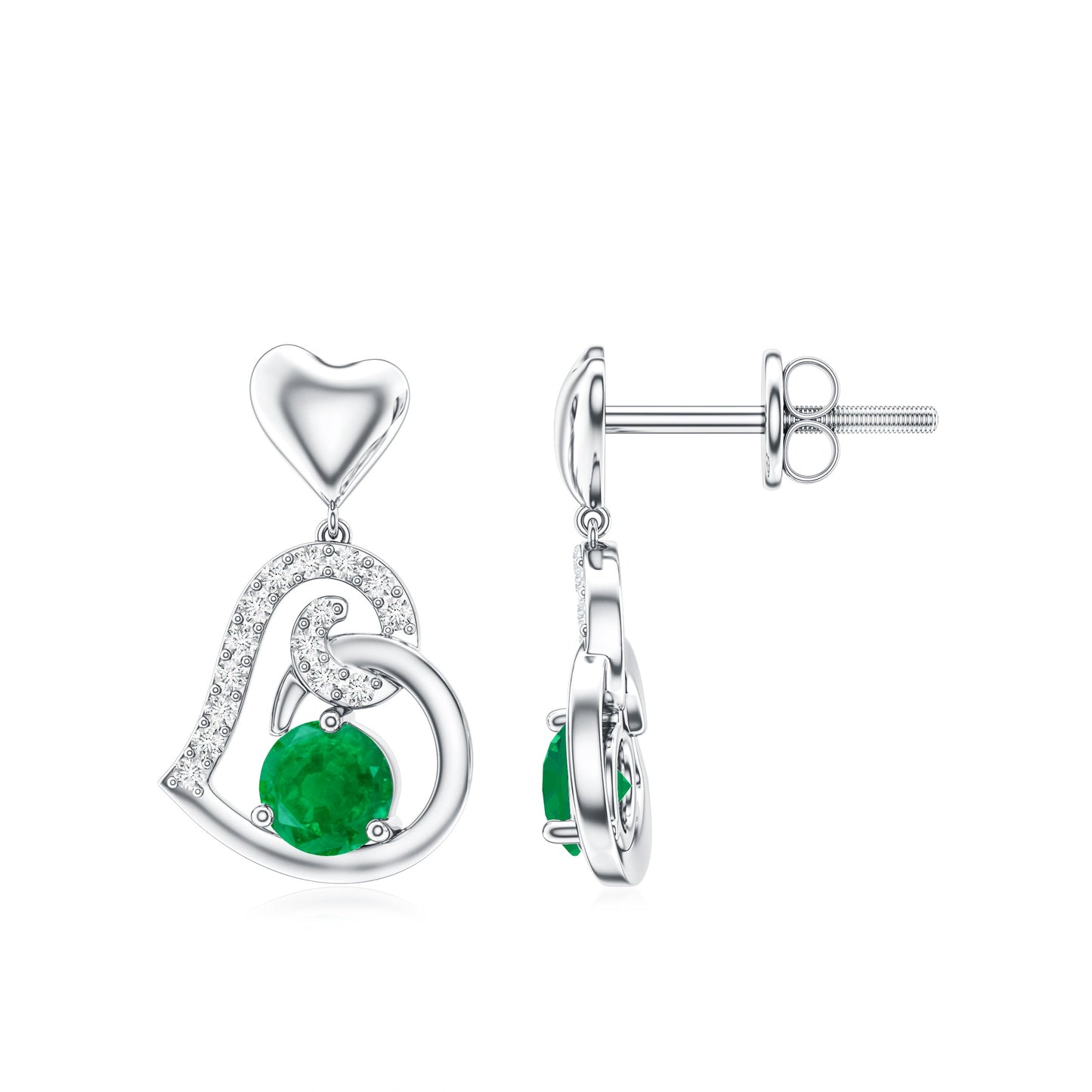 0.9 Carat Round Emerald and Diamond Heart Drop Earrings