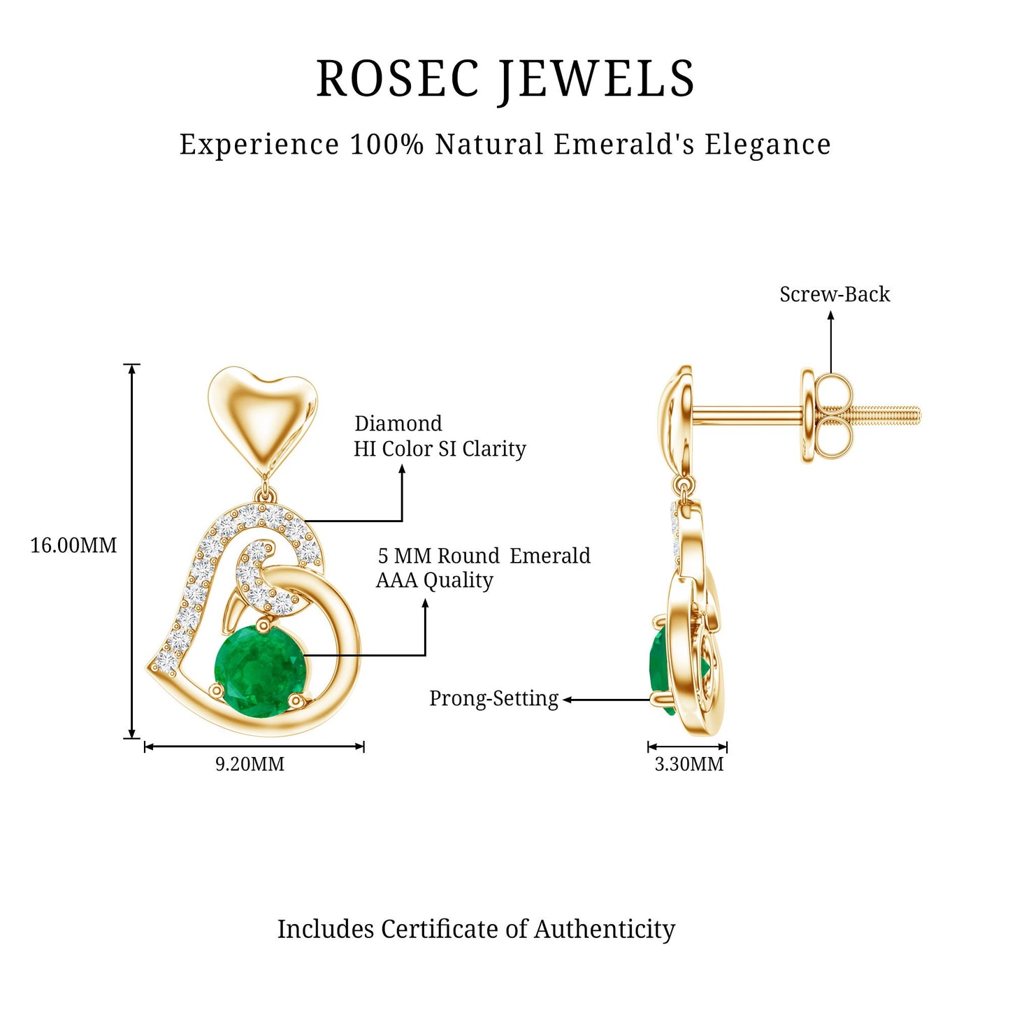0.9 Carat Round Emerald and Diamond Heart Drop Earrings