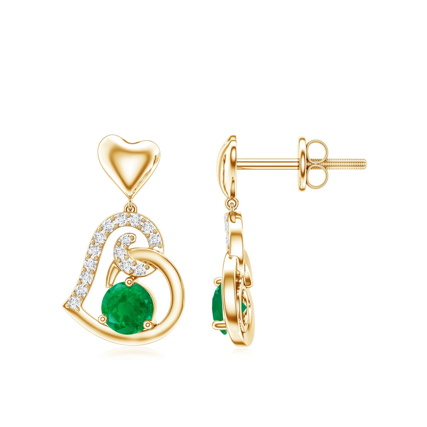 0.9 Carat Round Emerald and Diamond Heart Drop Earrings