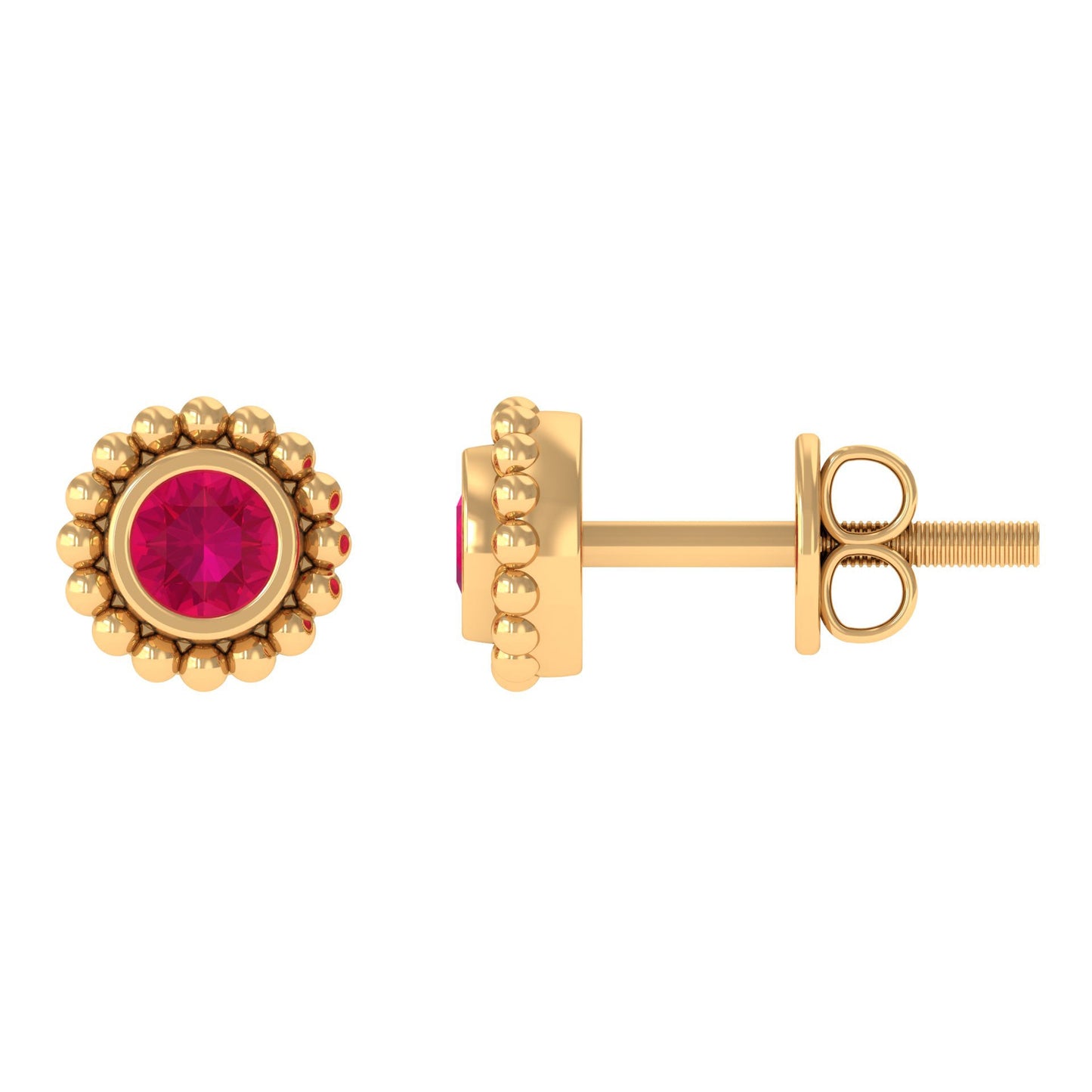 0.5 Carat Solitaire Ruby Stud Earrings in Beaded Bezel Setting