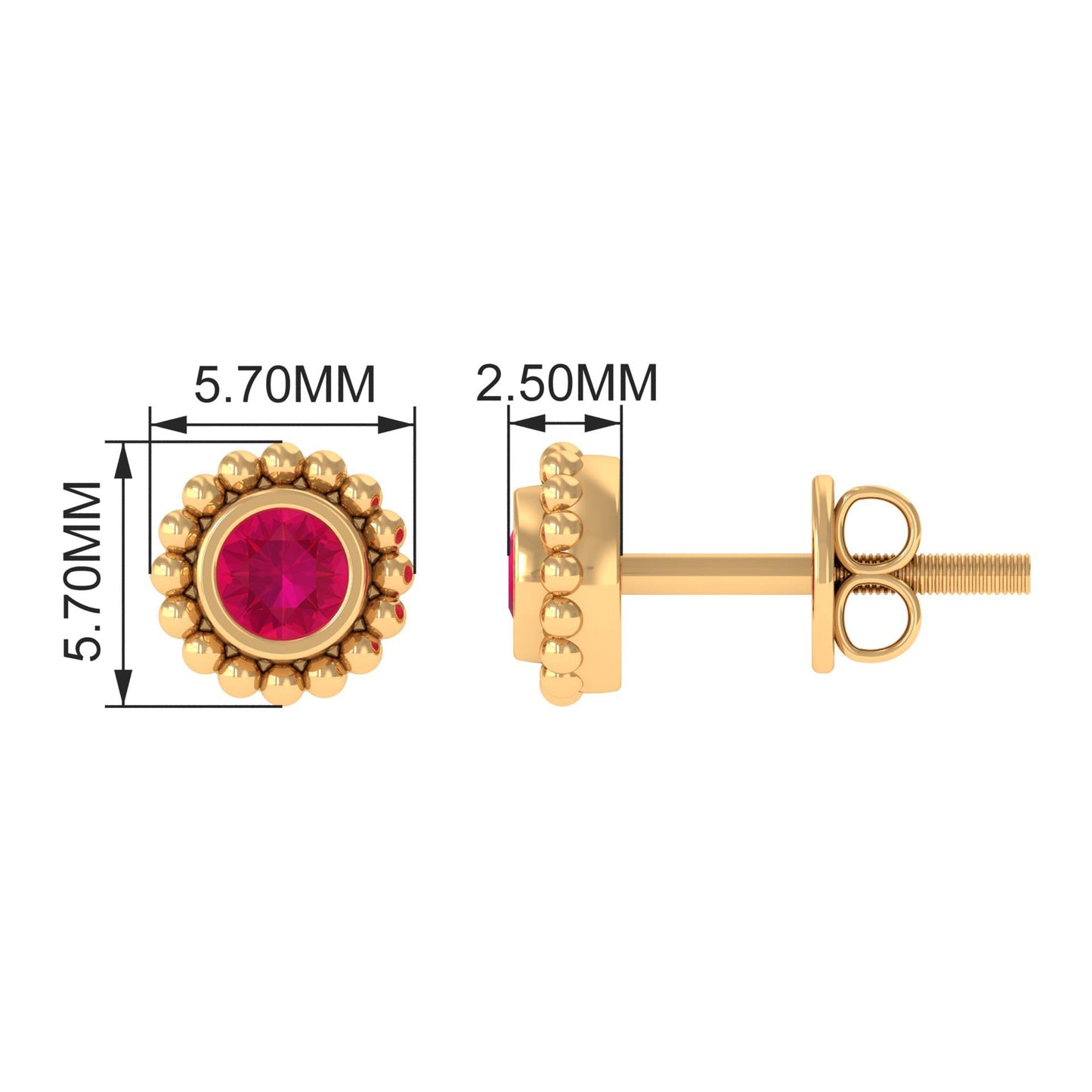 0.5 Carat Solitaire Ruby Stud Earrings in Beaded Bezel Setting