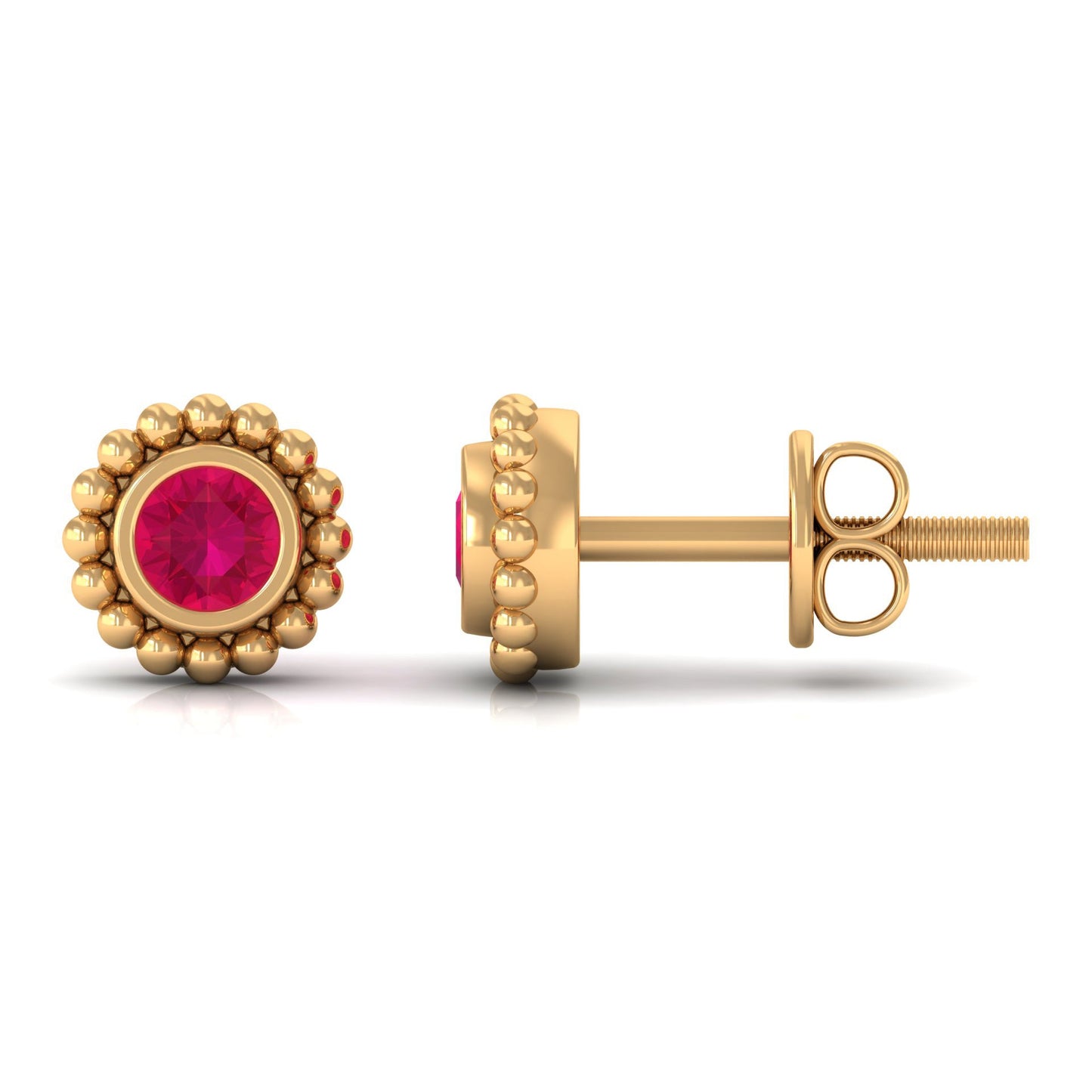 0.5 Carat Solitaire Ruby Stud Earrings in Beaded Bezel Setting