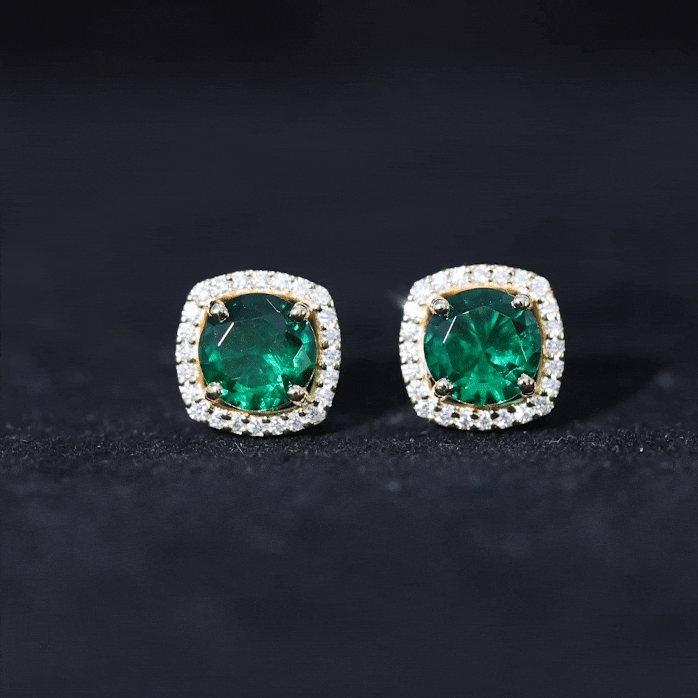 1.6 Carat Lab Grown Emerald Stud Earrings with Diamond Halo