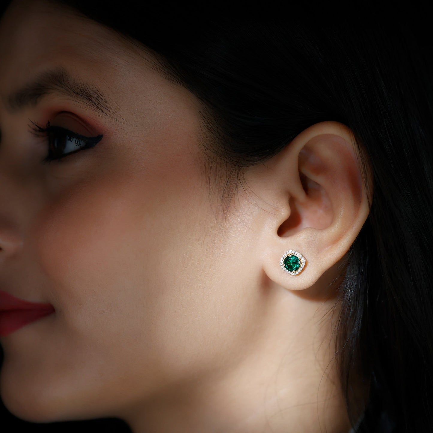 1.6 Carat Lab Grown Emerald Stud Earrings with Diamond Halo