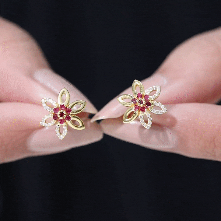 Natural Ruby Floral Stud Earrings with Diamond Stones