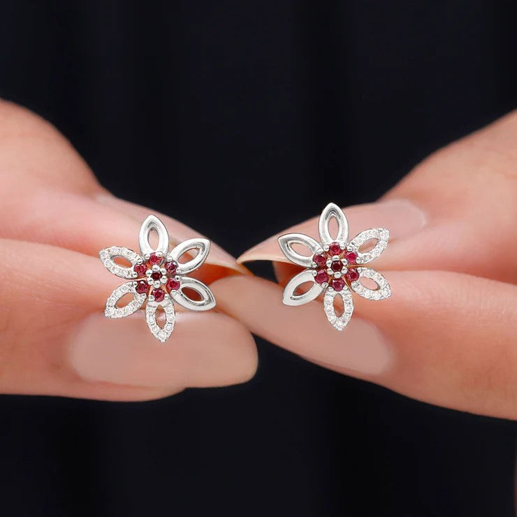 Natural Ruby Floral Stud Earrings with Diamond Stones