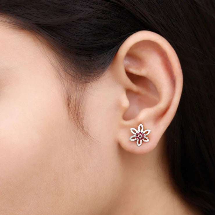 Natural Ruby Floral Stud Earrings with Diamond Stones