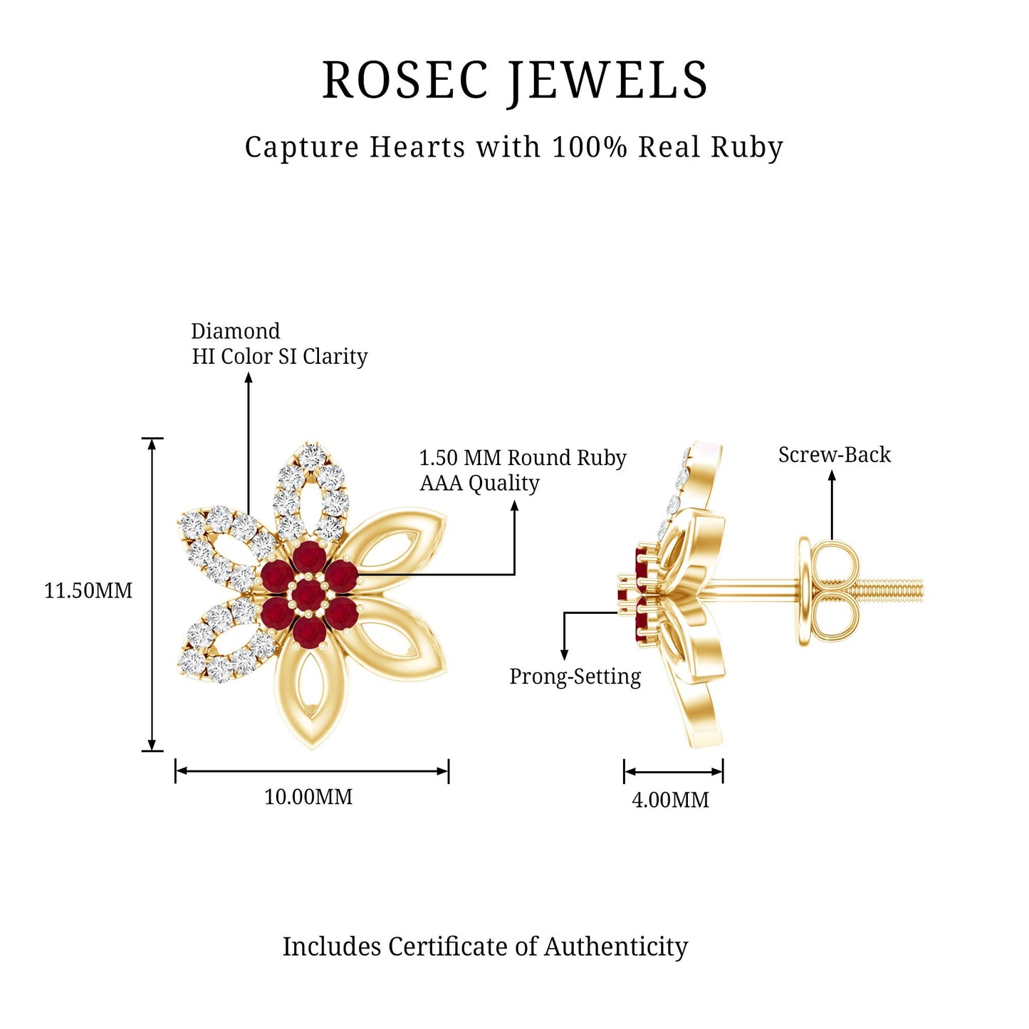Natural Ruby Floral Stud Earrings with Diamond Stones