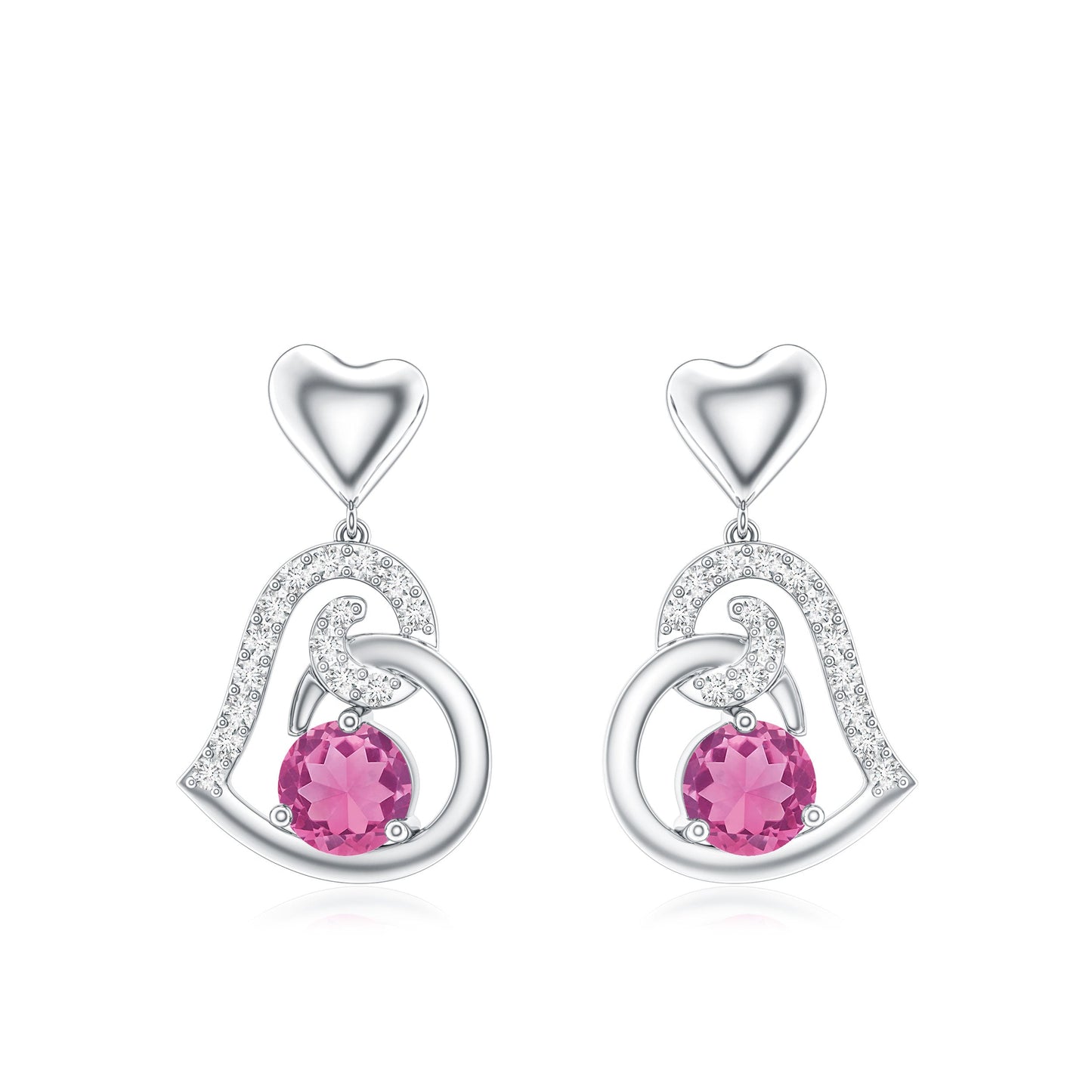 Real Pink Tourmaline and Diamond Heart Drop Earrings
