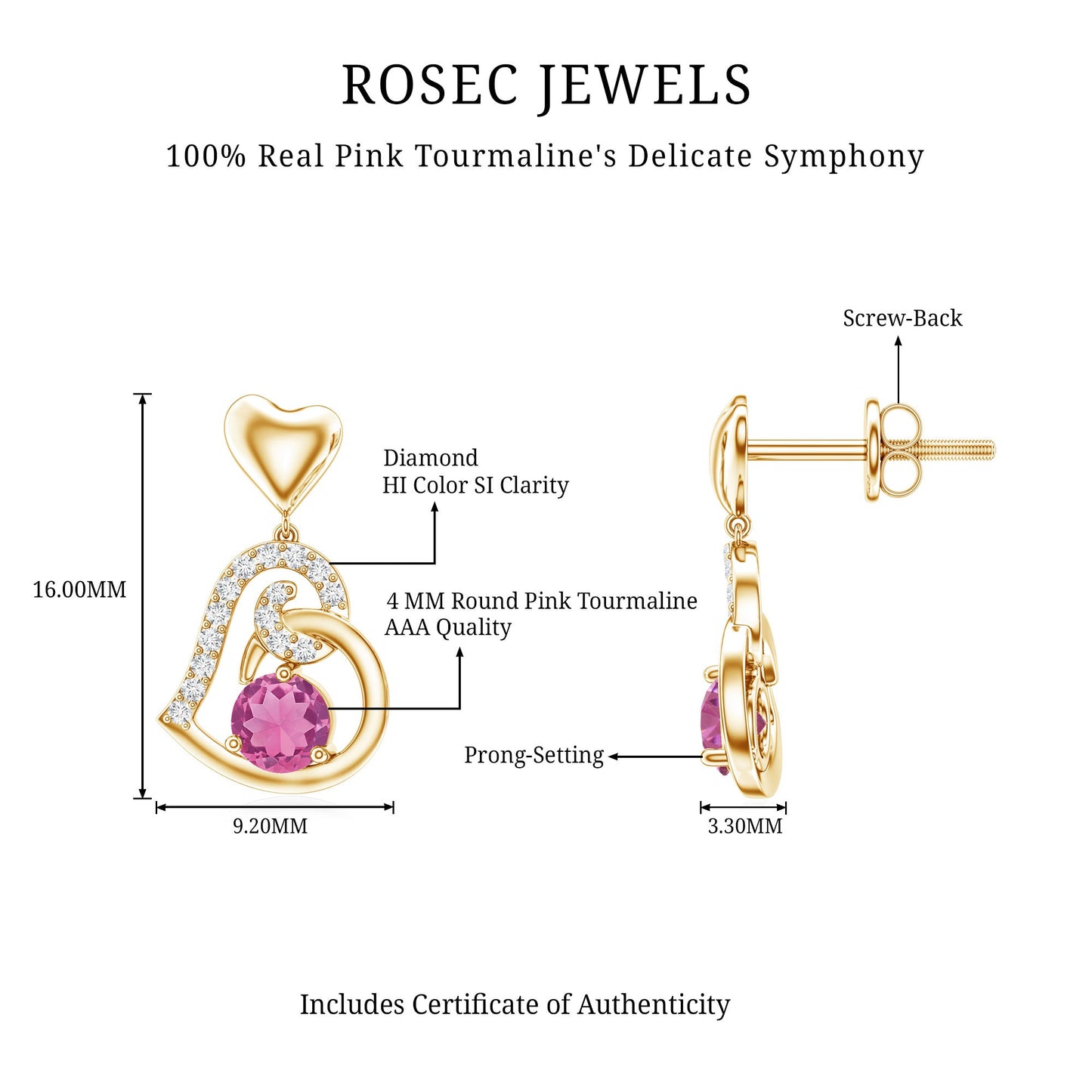 Real Pink Tourmaline and Diamond Heart Drop Earrings