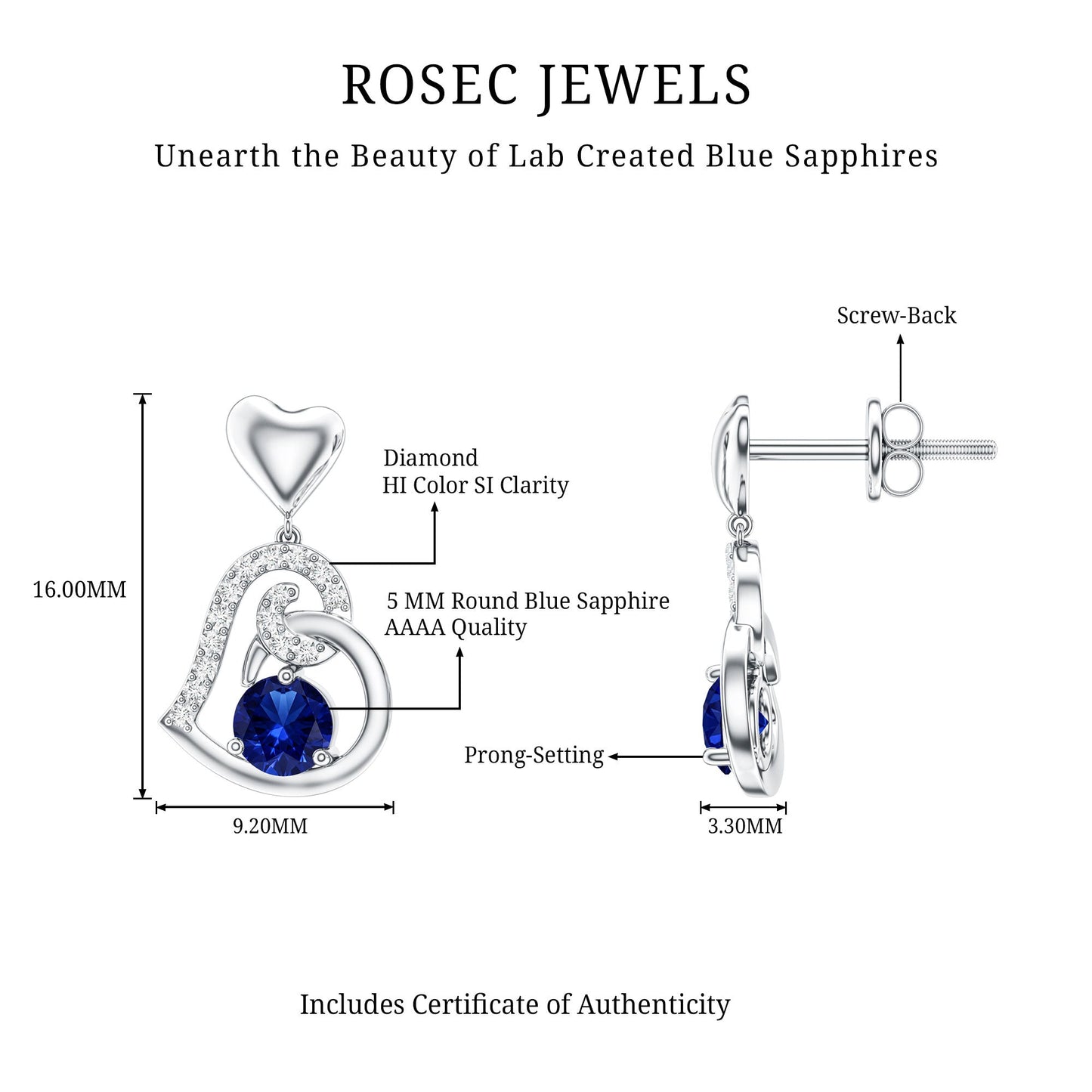 Created Blue Sapphire and Diamond Heart Drop Earrings