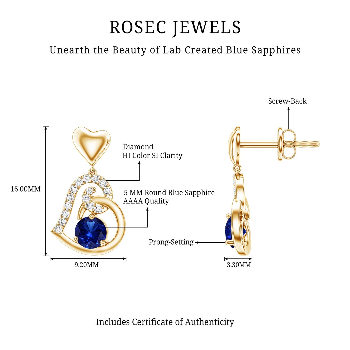 Created Blue Sapphire and Diamond Heart Drop Earrings