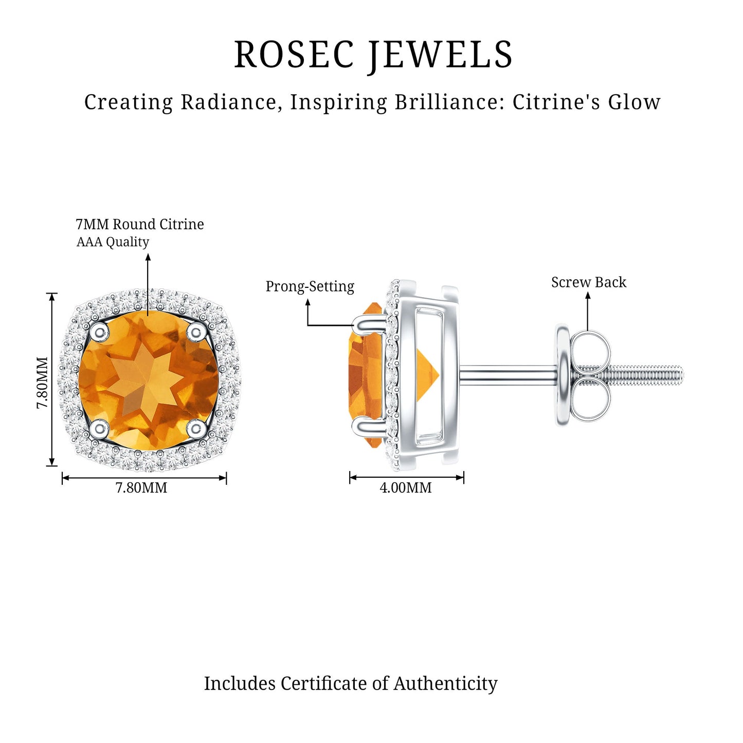 Round Shape Citrine Stud Earrings with Diamond Halo