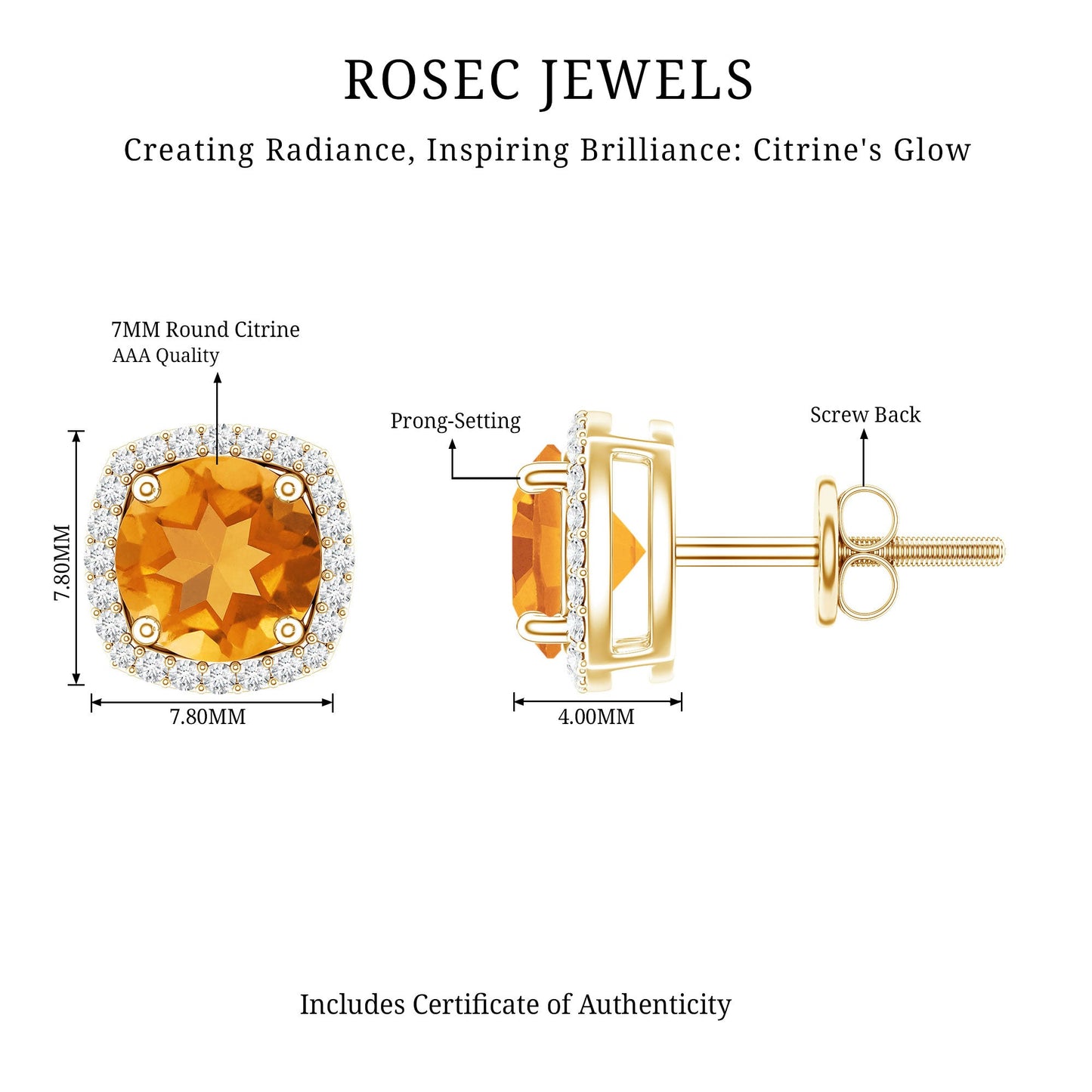 Round Shape Citrine Stud Earrings with Diamond Halo