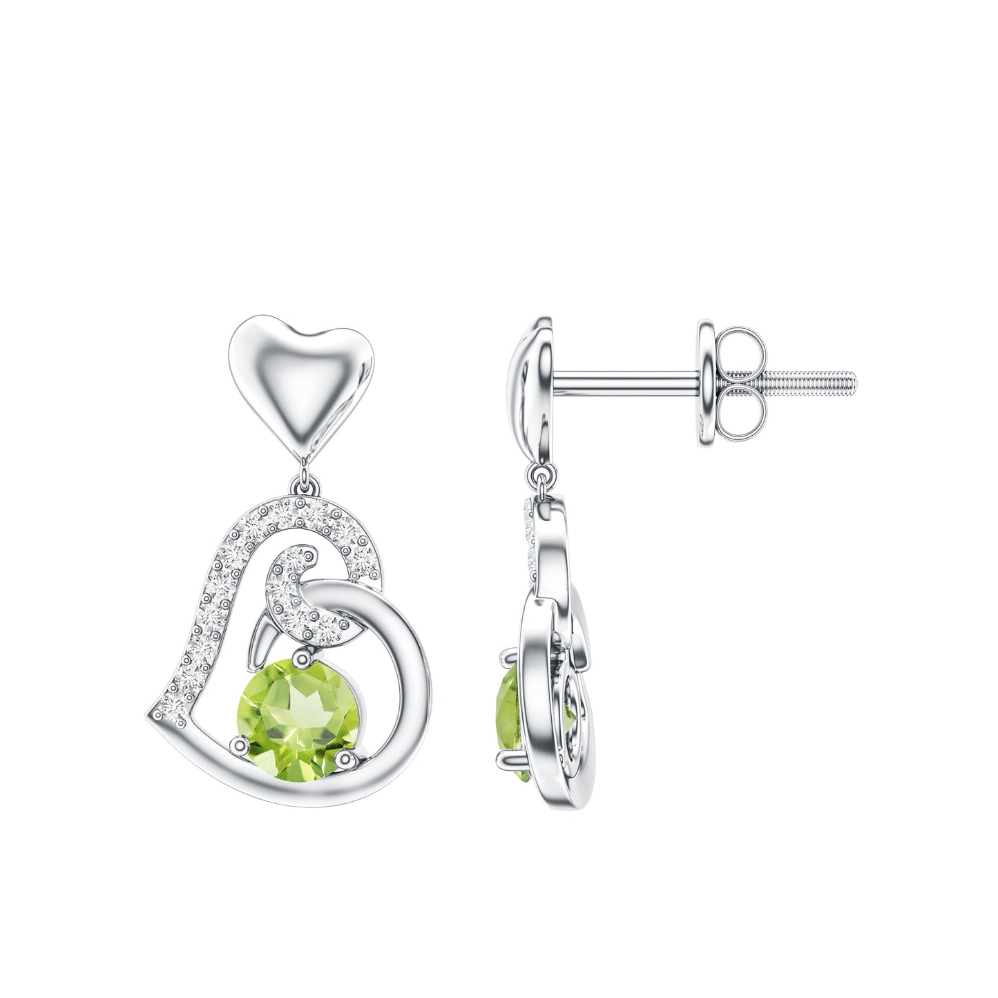 Solitaire Peridot Heart Drop Earrings with Diamond Accent