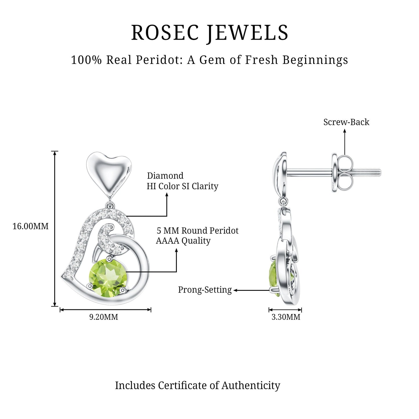 Solitaire Peridot Heart Drop Earrings with Diamond Accent