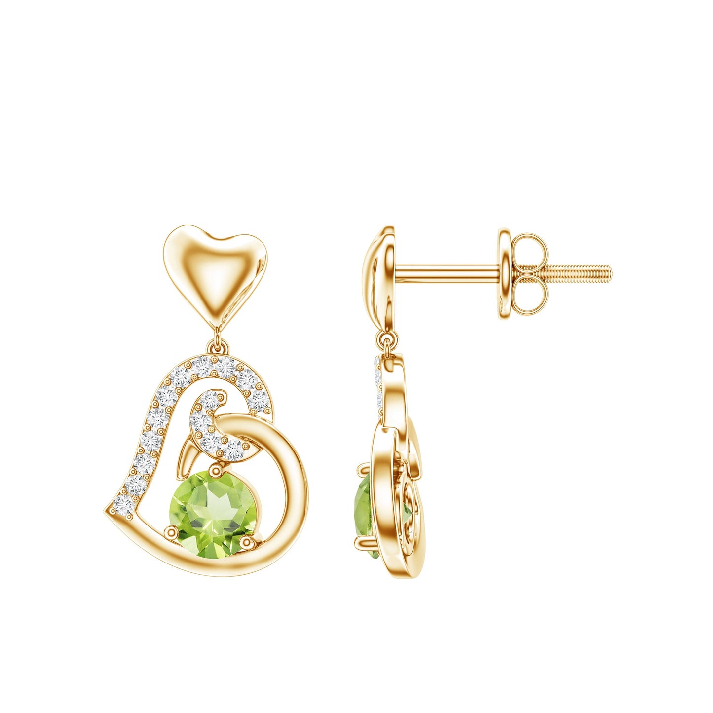 Solitaire Peridot Heart Drop Earrings with Diamond Accent