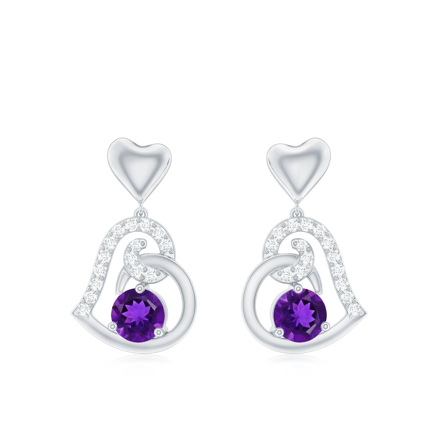 Natural Amethyst Diamond Heart Drop Earrings