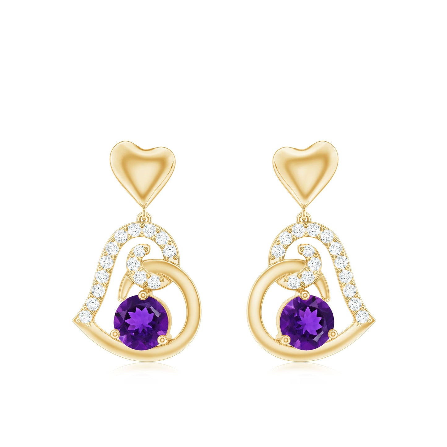 Natural Amethyst Diamond Heart Drop Earrings