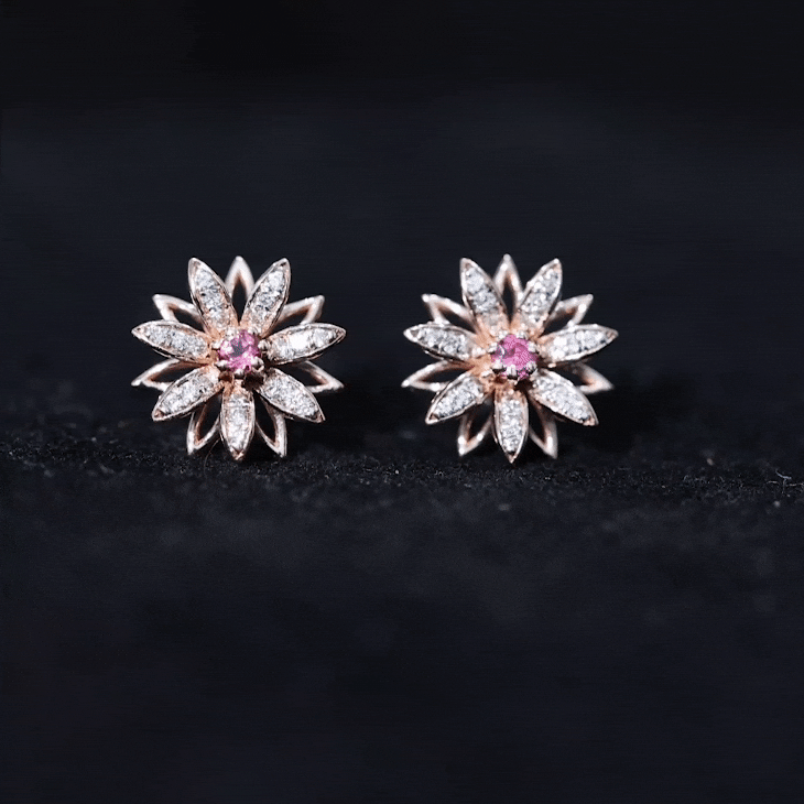 Round Pink Tourmaline Flower Stud Earrings with Diamond