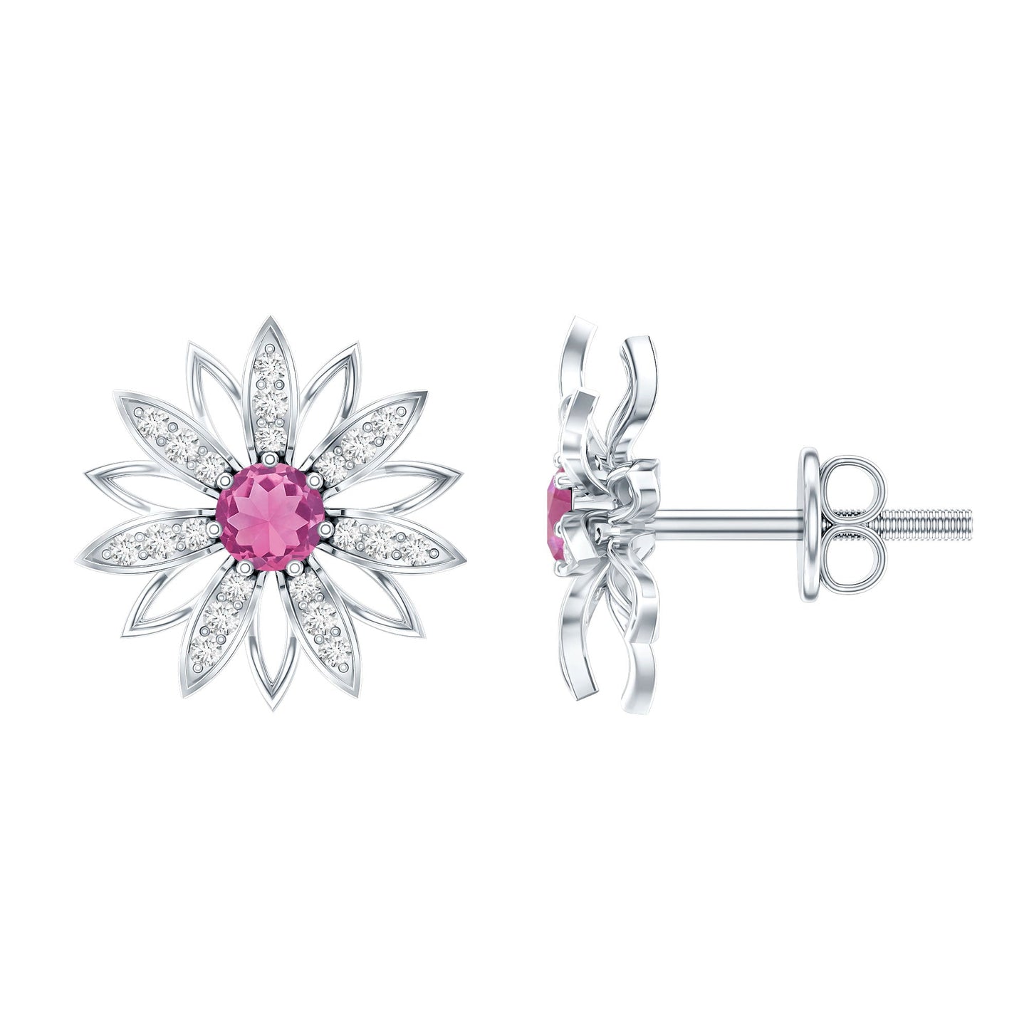 Round Pink Tourmaline Flower Stud Earrings with Diamond