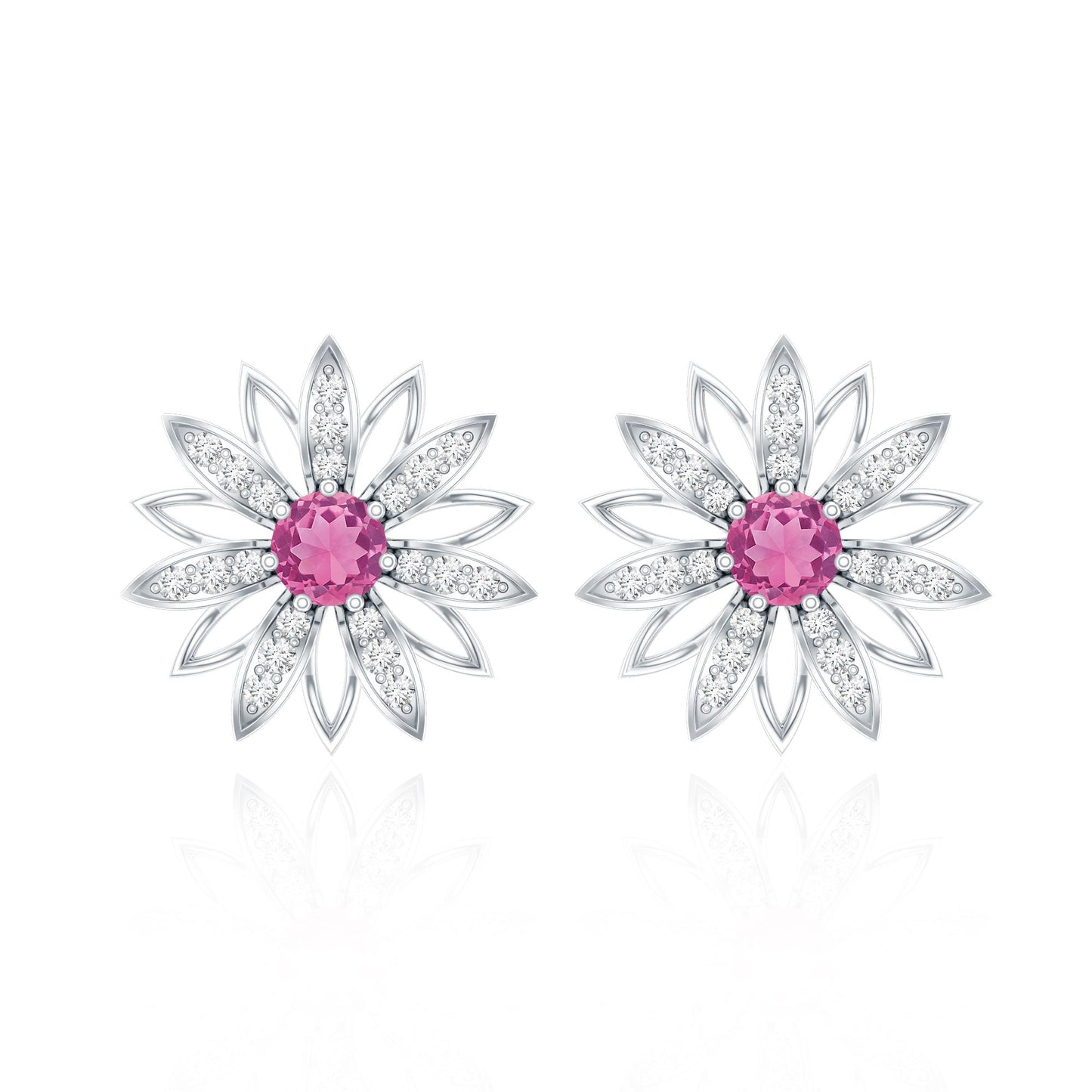 Round Pink Tourmaline Flower Stud Earrings with Diamond