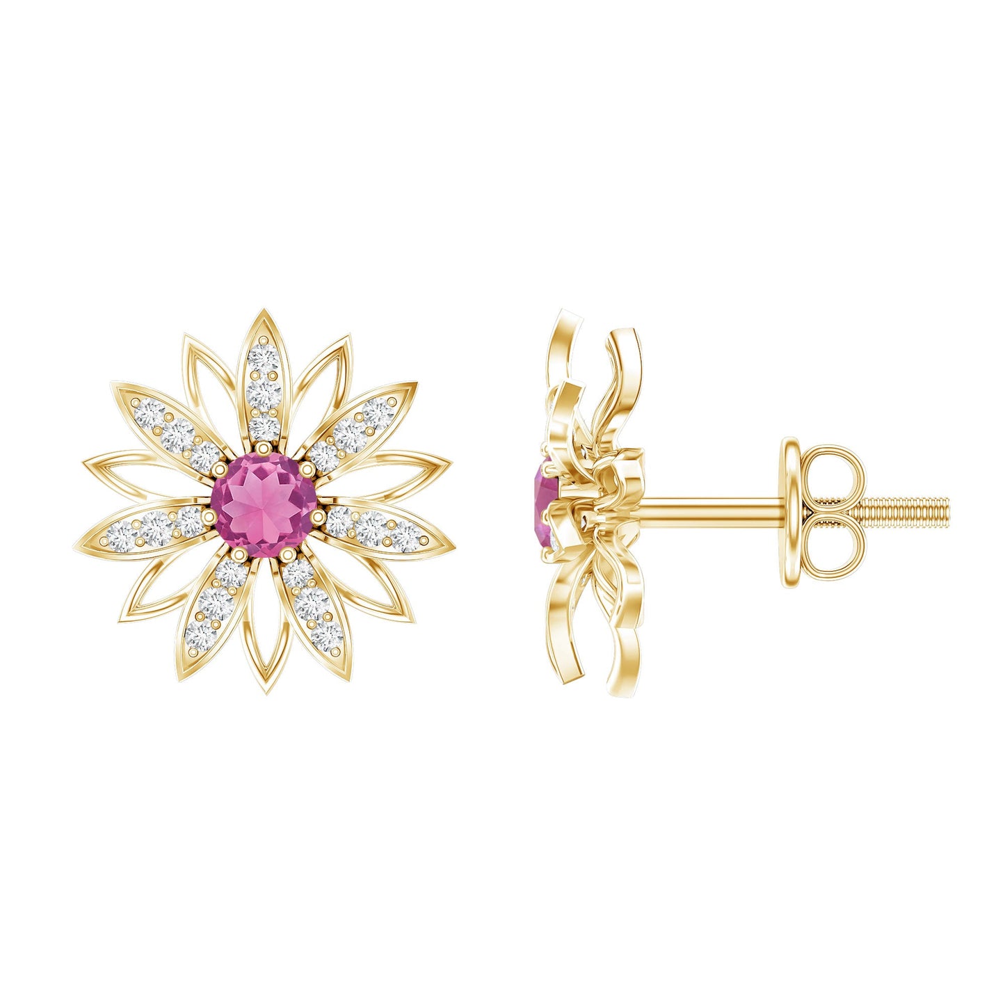 Round Pink Tourmaline Flower Stud Earrings with Diamond