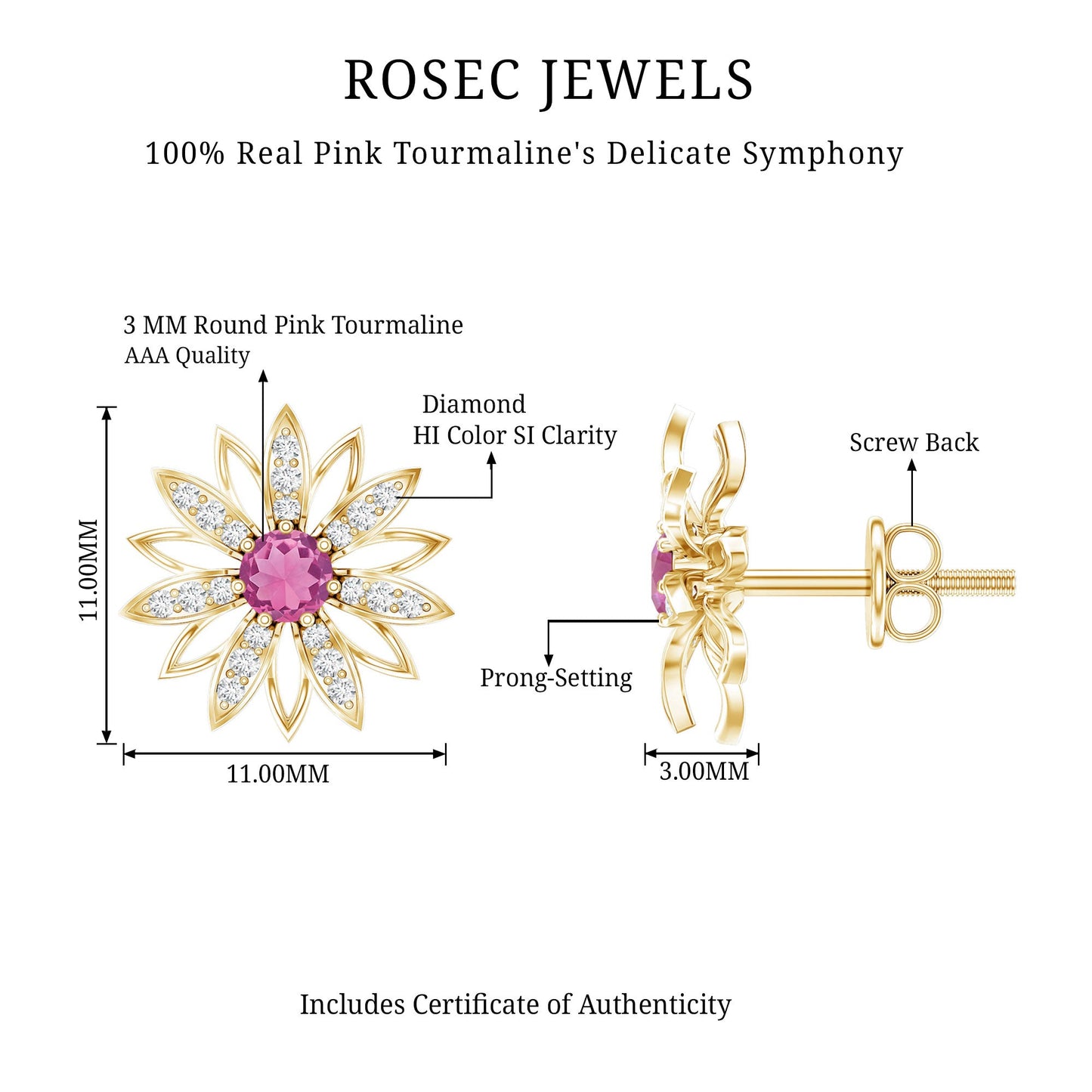 Round Pink Tourmaline Flower Stud Earrings with Diamond