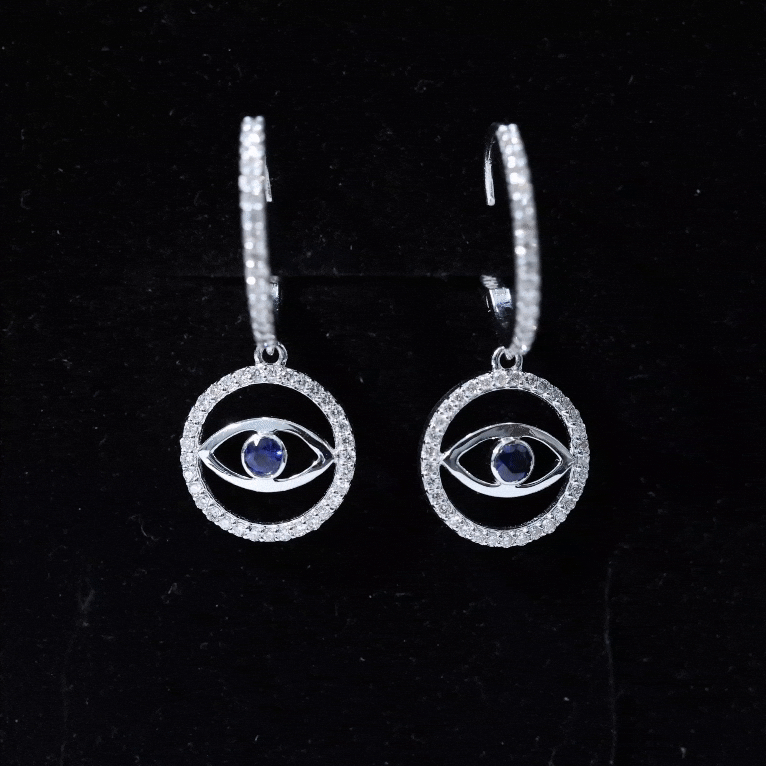 Real Blue Sapphire and Diamond Evil Eye Hoop Drop Earrings