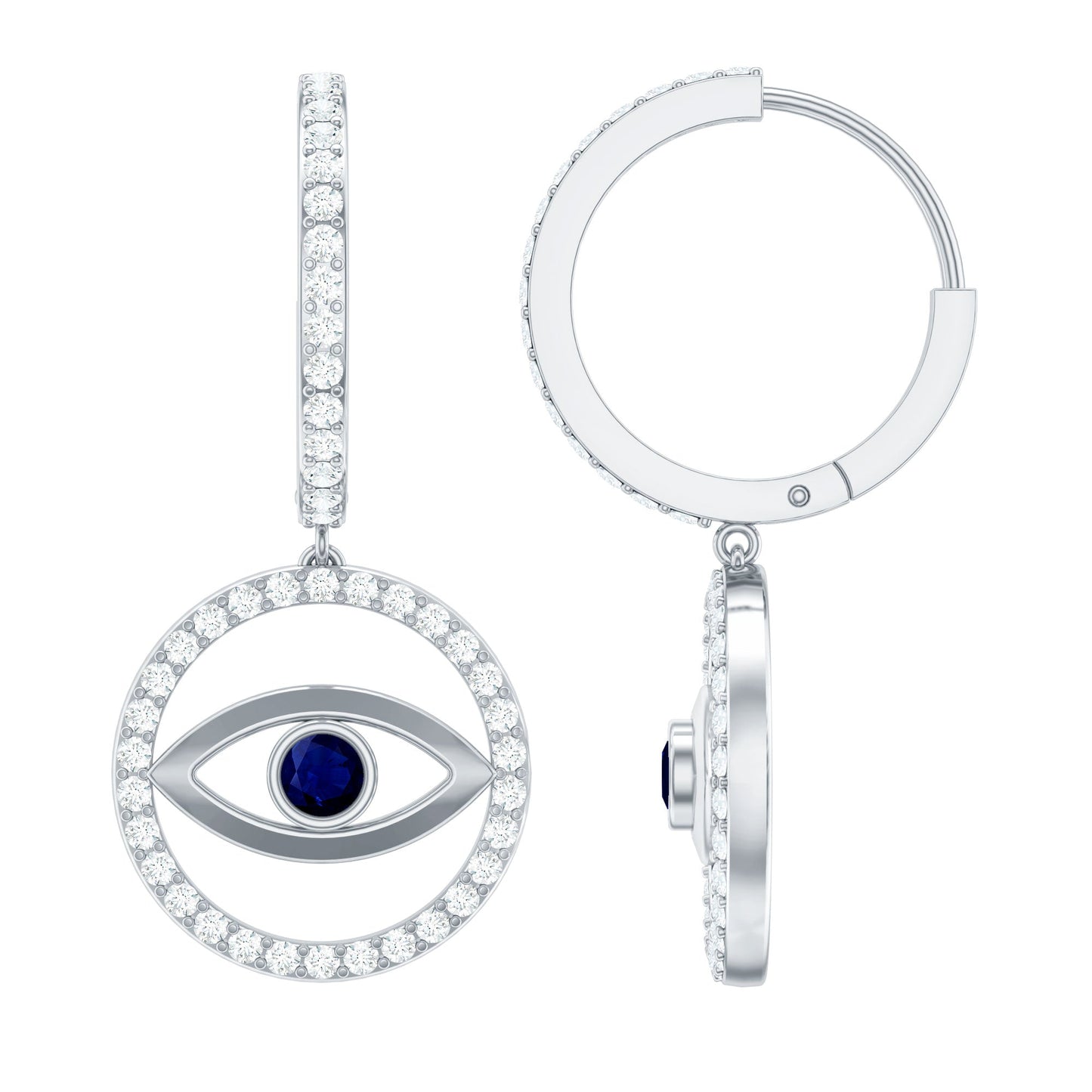 Real Blue Sapphire and Diamond Evil Eye Hoop Drop Earrings