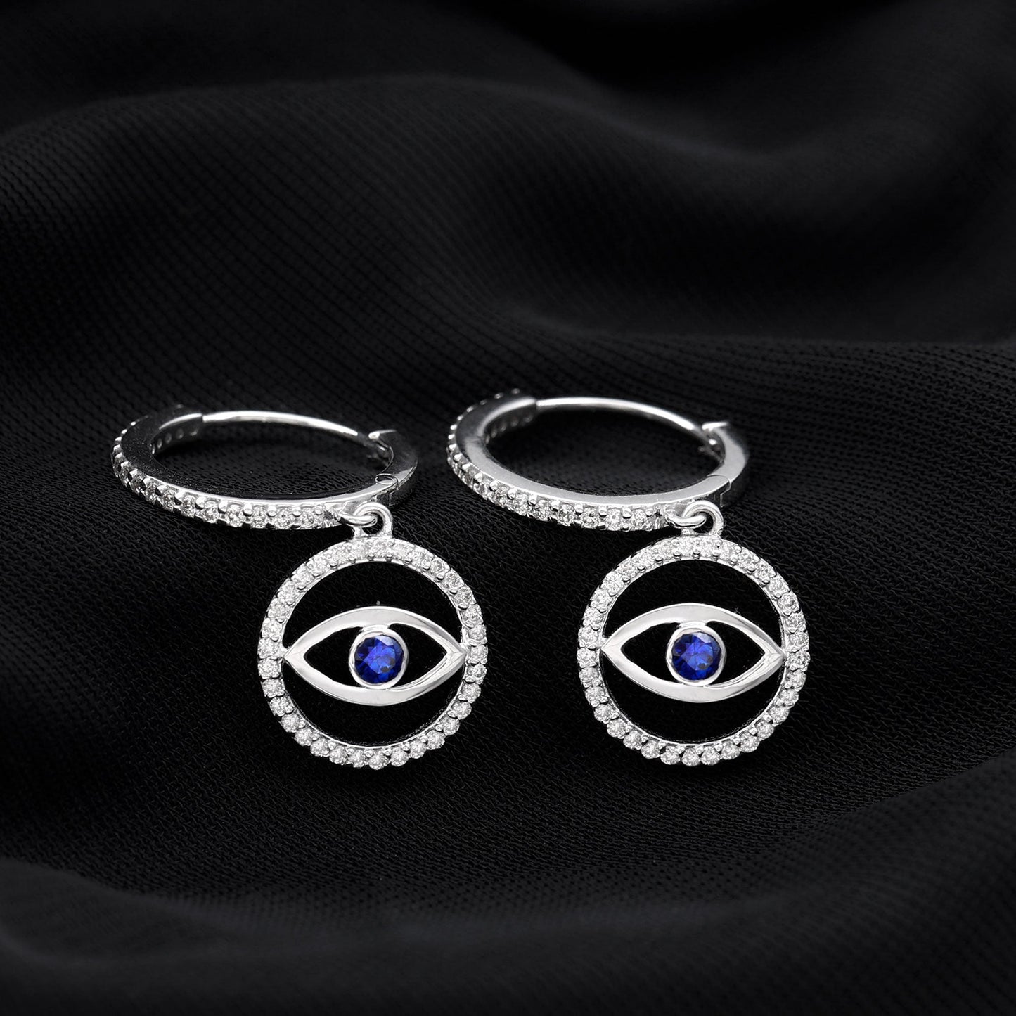 Real Blue Sapphire and Diamond Evil Eye Hoop Drop Earrings