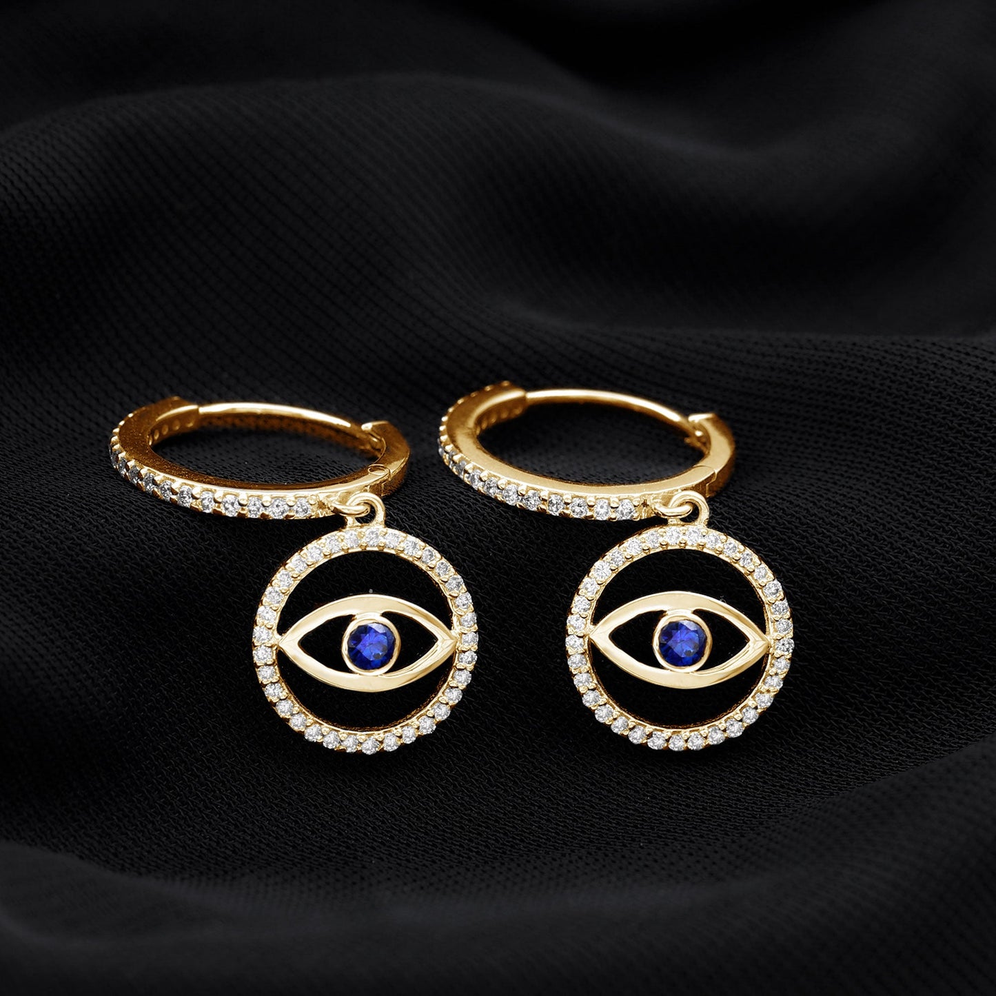 Real Blue Sapphire and Diamond Evil Eye Hoop Drop Earrings
