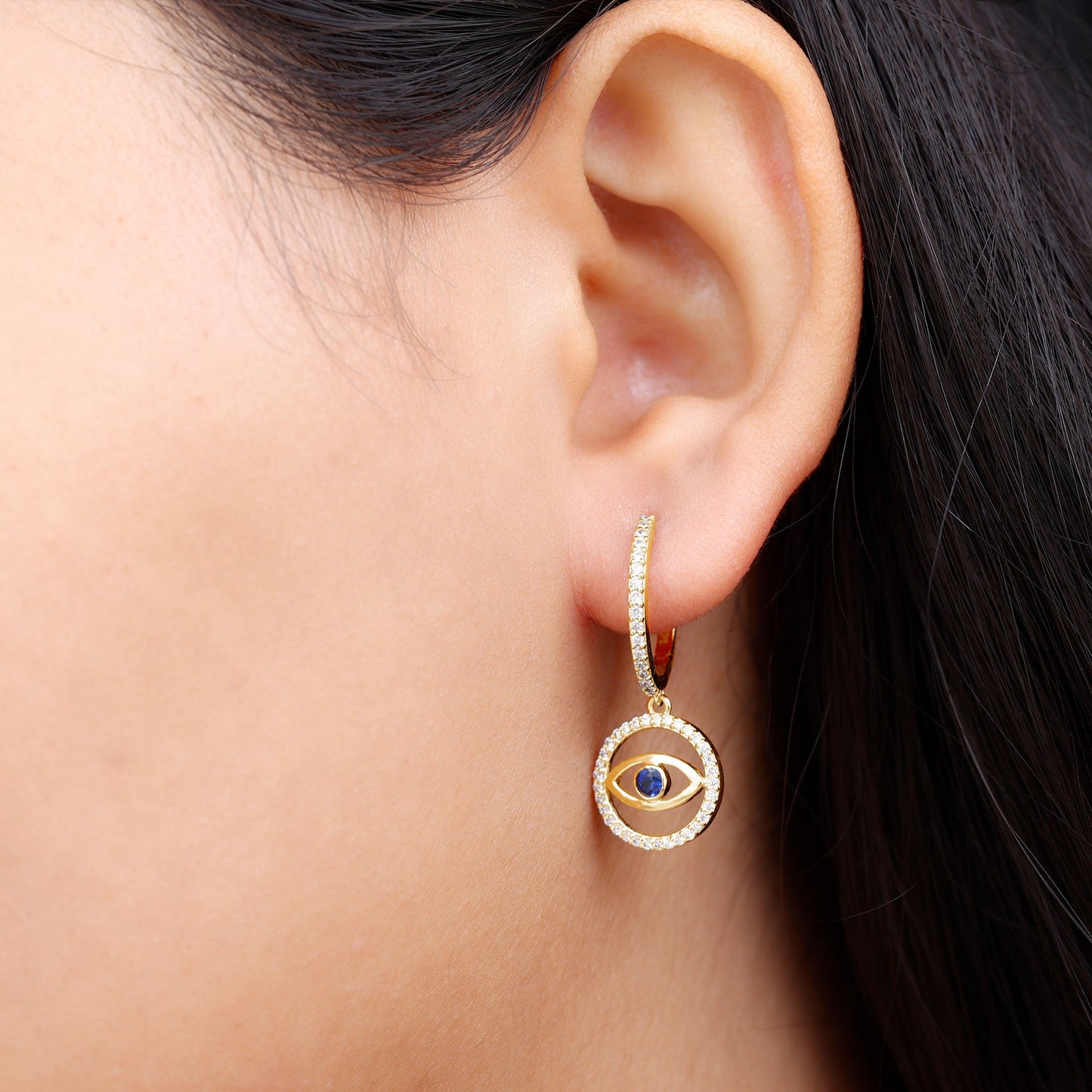 Real Blue Sapphire and Diamond Evil Eye Hoop Drop Earrings