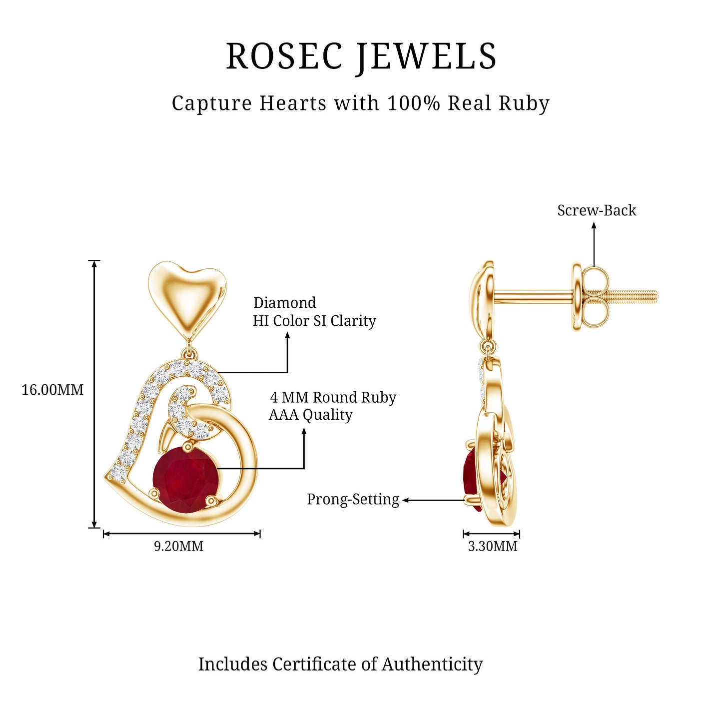 Round Ruby Heart Drop Earring with Diamond Accent
