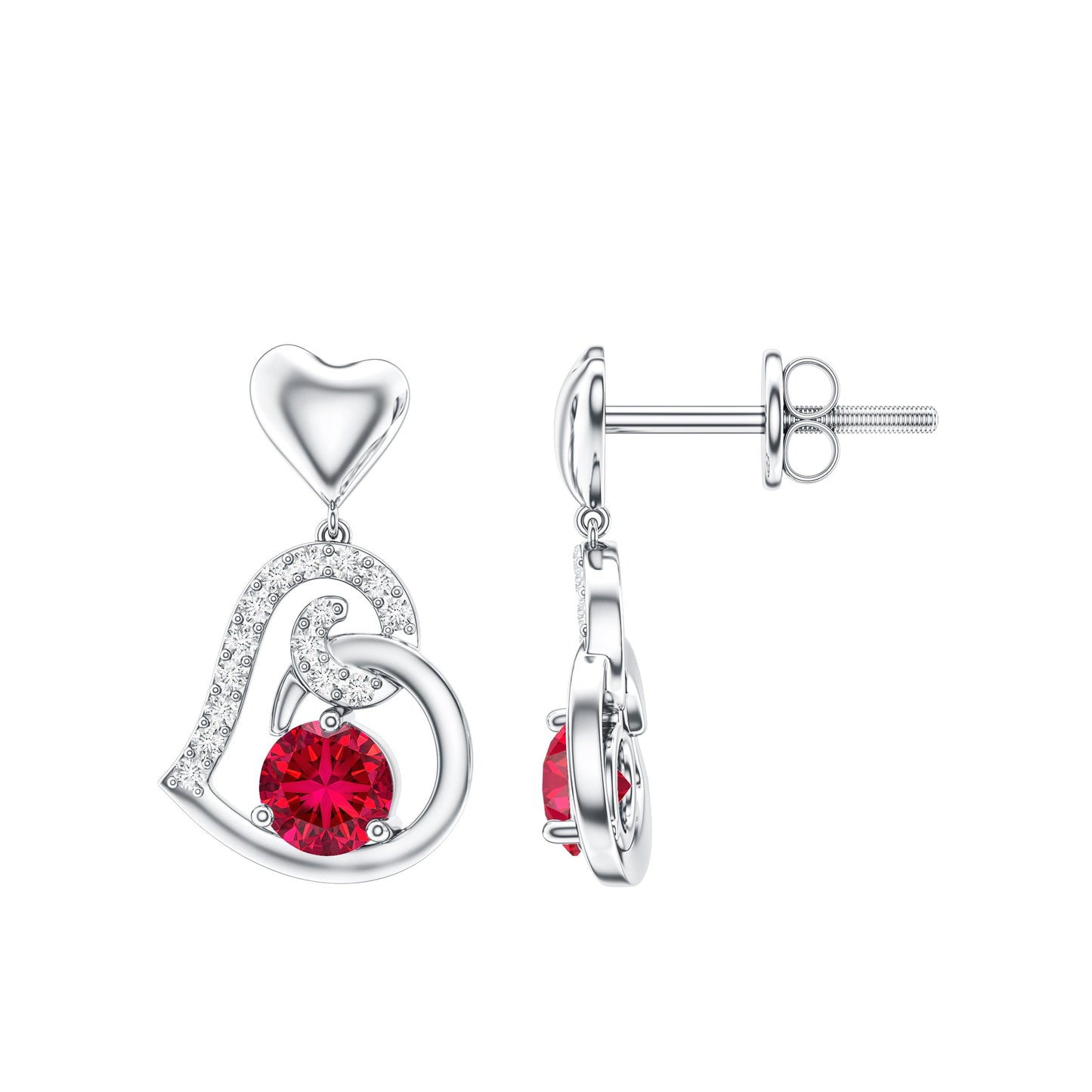 Lab Created Ruby and Diamond Heart Drop Earrings