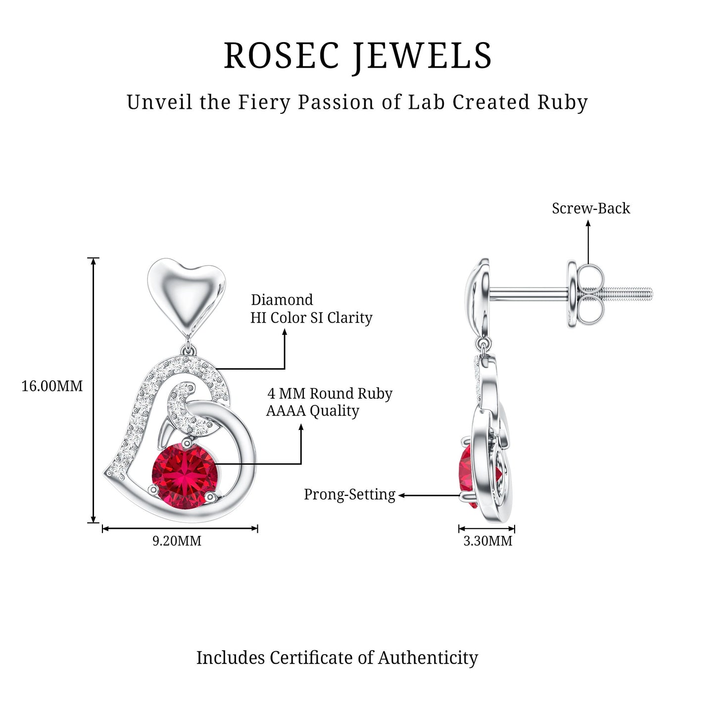 Lab Created Ruby and Diamond Heart Drop Earrings