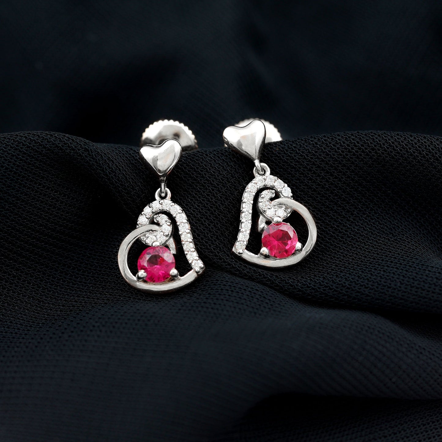 Lab Created Ruby and Diamond Heart Drop Earrings