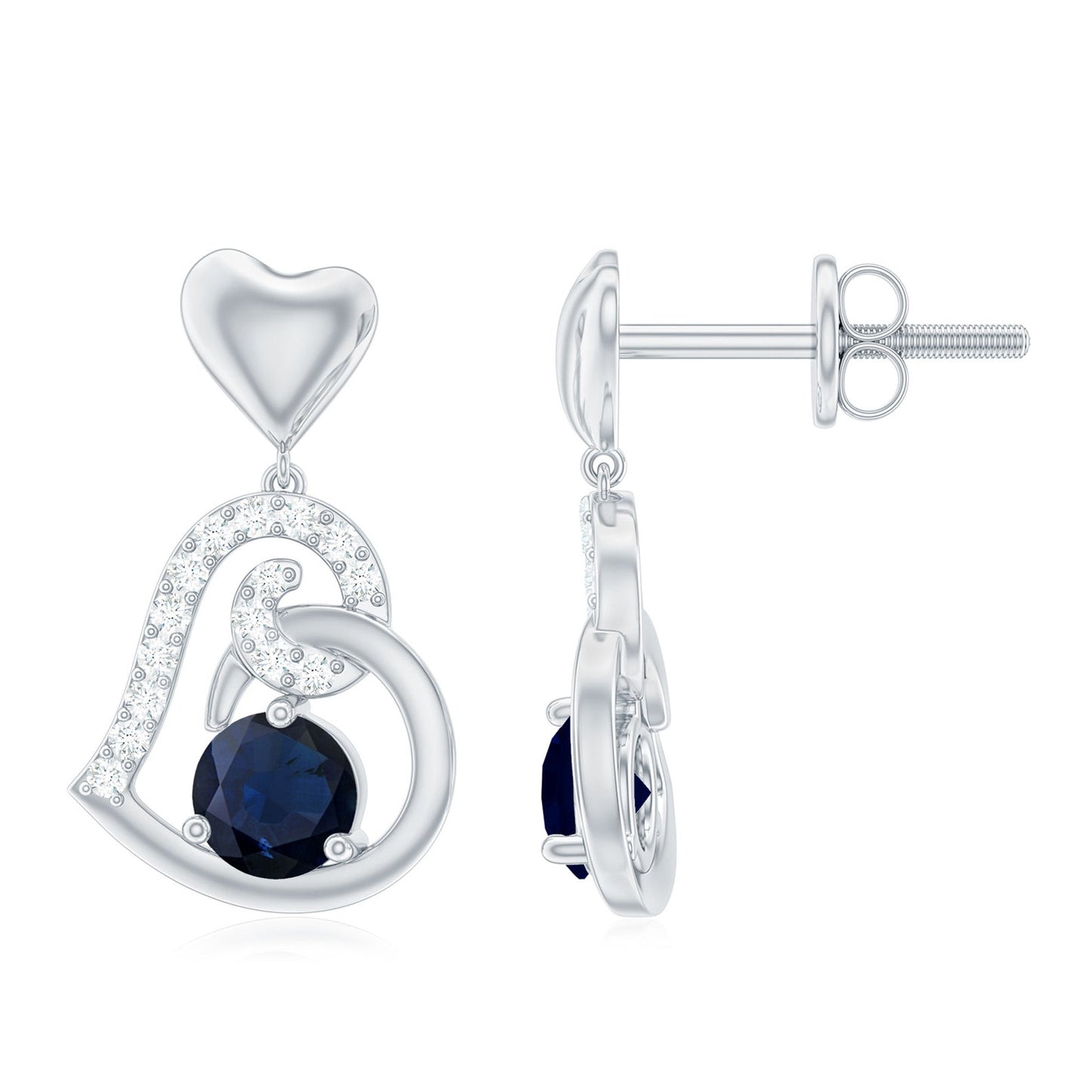 Real 0.8 Carat Blue Sapphire and Diamond Dangling Earrings